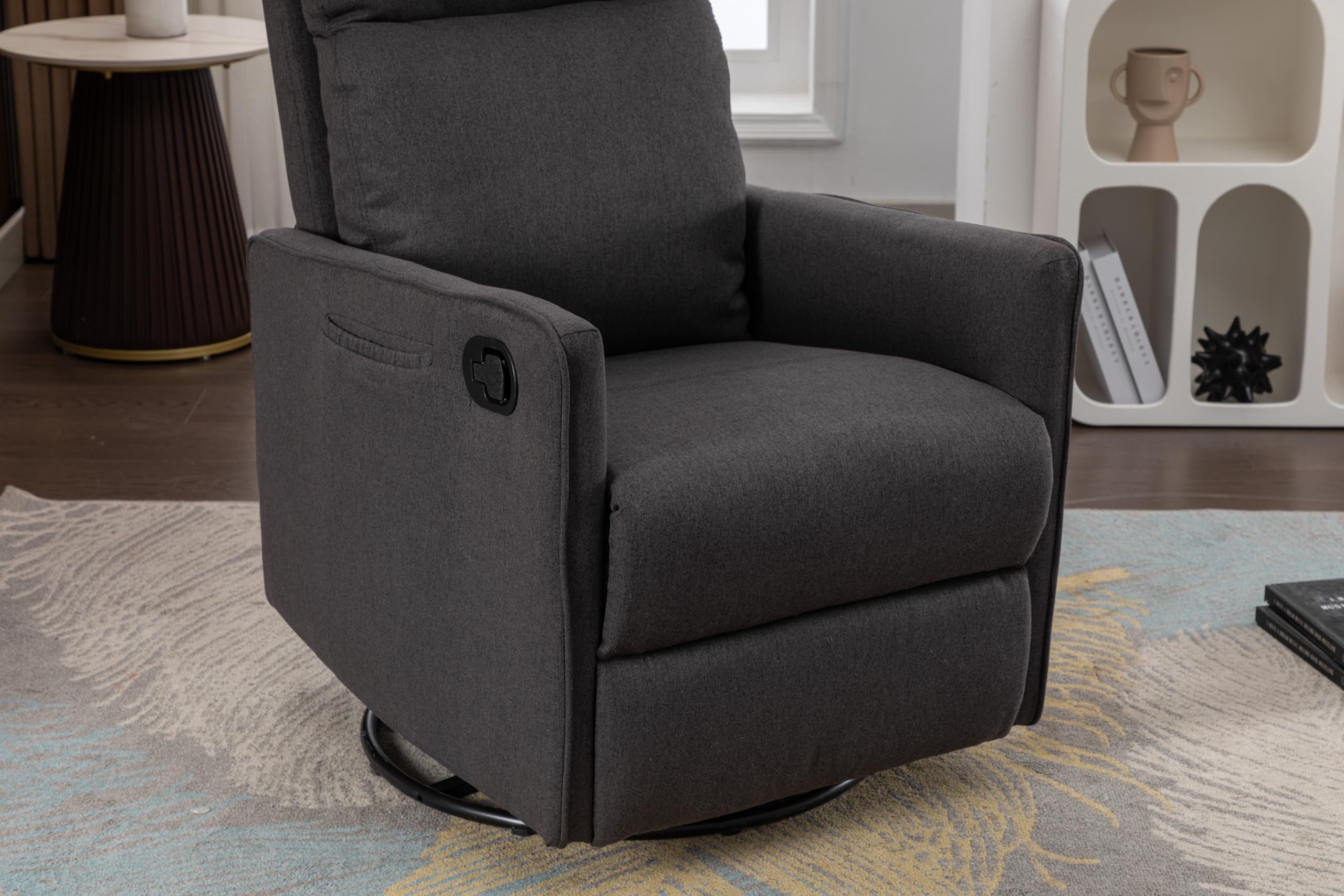ceeyloop 038-Cotton Linen Fabric Swivel Rocking Chair Glider Rocker Recliner Nursery Chair with Adjustable Back and Footrest for Living Room Indoor (Dark Gray)