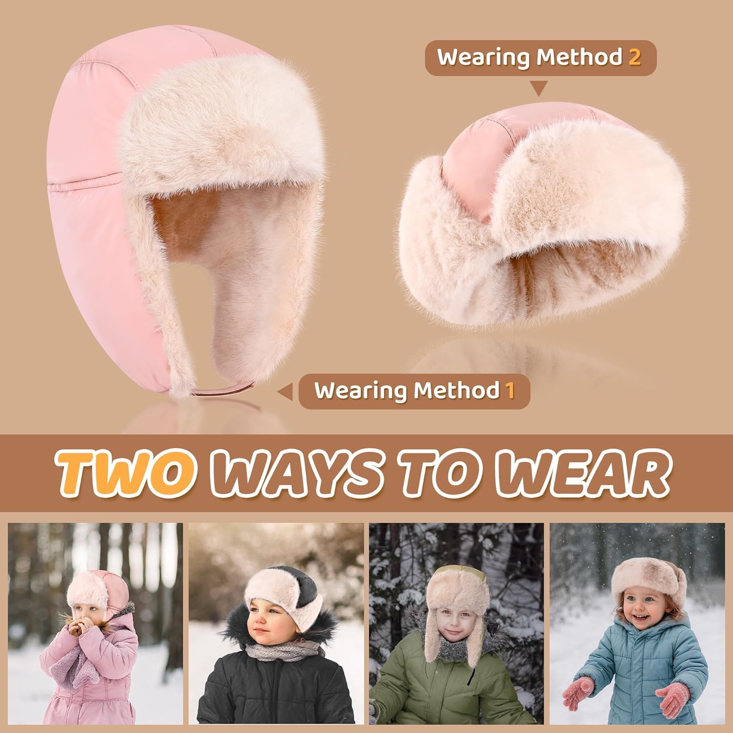 Winter Trapper Hat for Boys Girls，Earflap Cap Waterproof &Windproof Beanie Faux Fur Lined Kids Hat