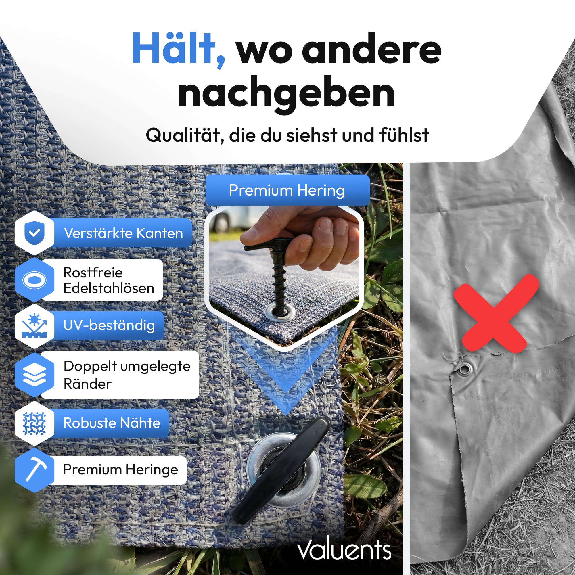 Vorzeltteppich - blau/grau - Verschiedene Größen - Camping Teppich Outdoor - Zelteppich Wohnwagen/Wohnmobil inkl. Tragetasche +Plus: Wäscheleine & 8 T-Heringe