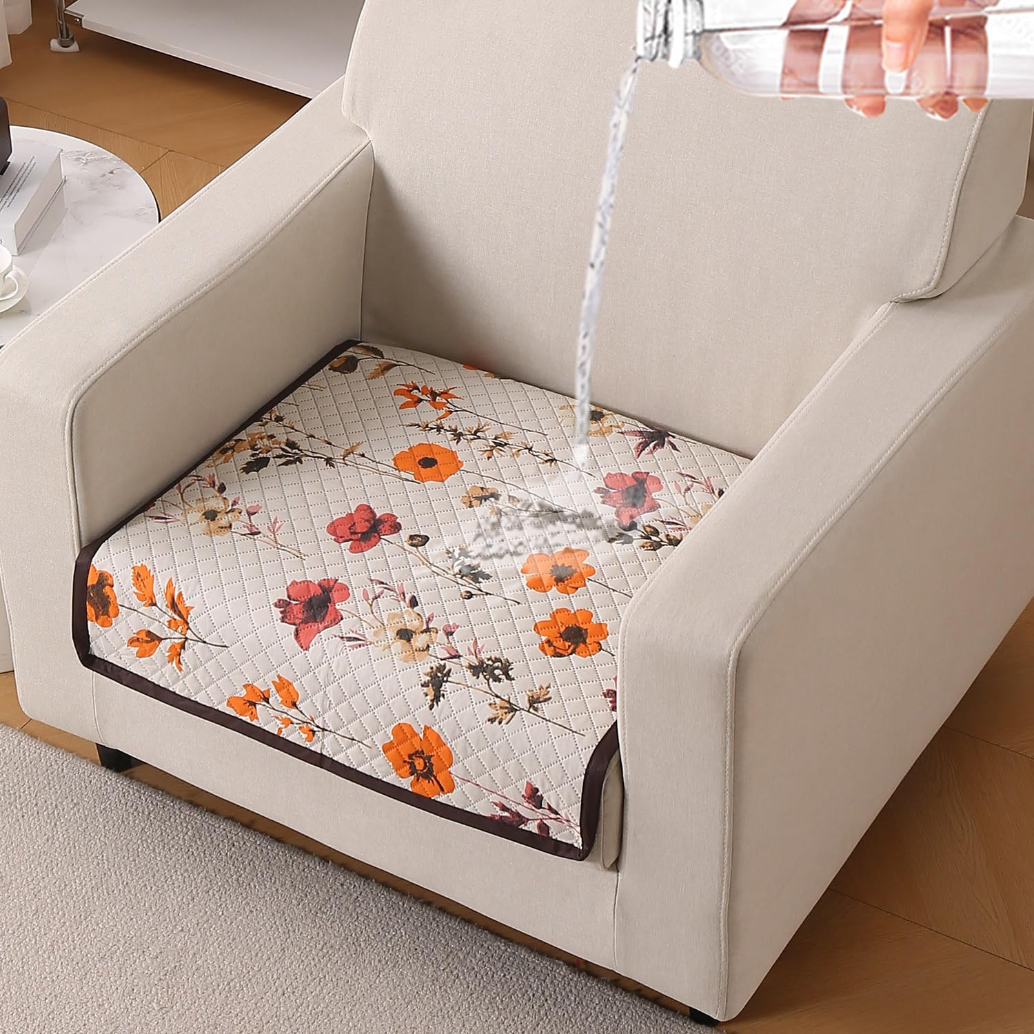 Beige Peony Sofa Cover - L Shape 5 Seater -21