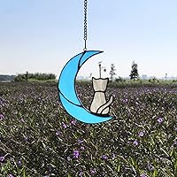 Vista 4 de Decoración de gato atigrado gris en luna azul para colgar en la ventana, regalo conmemorativo para los amantes de los gatos, adorno para mascotas