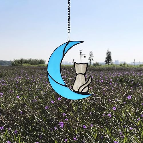 Miniatura 4 de Decoración de gato atigrado gris en luna azul para colgar en la ventana, regalo conmemorativo para los amantes de los gatos, adorno para mascotas
