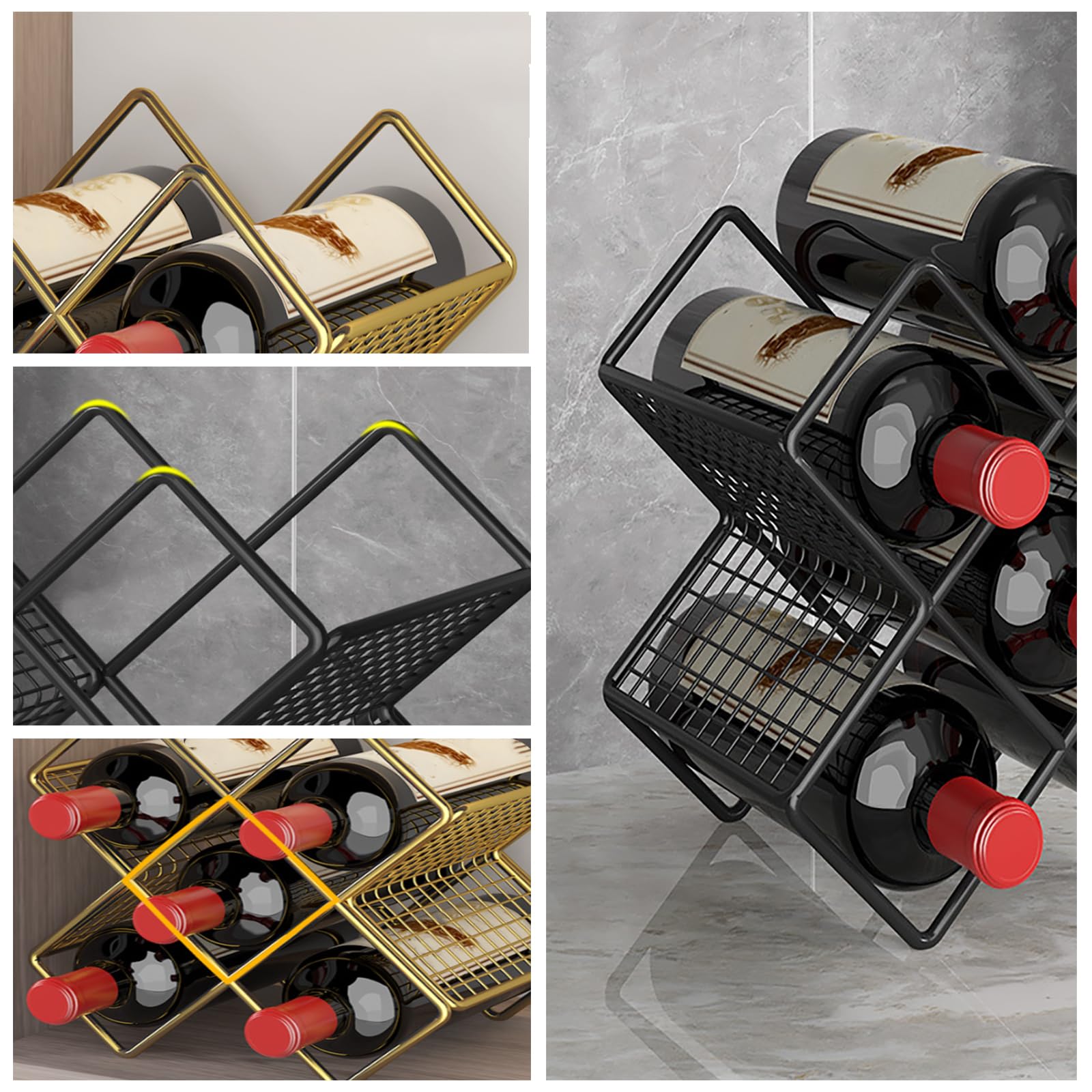 Lot de 2 supports décoratifs élégants en forme de losange en métal pour 5 bouteilles – Présentoir autonome pour la maison, la cuisine, le bar ou la cave – Couleur argentée