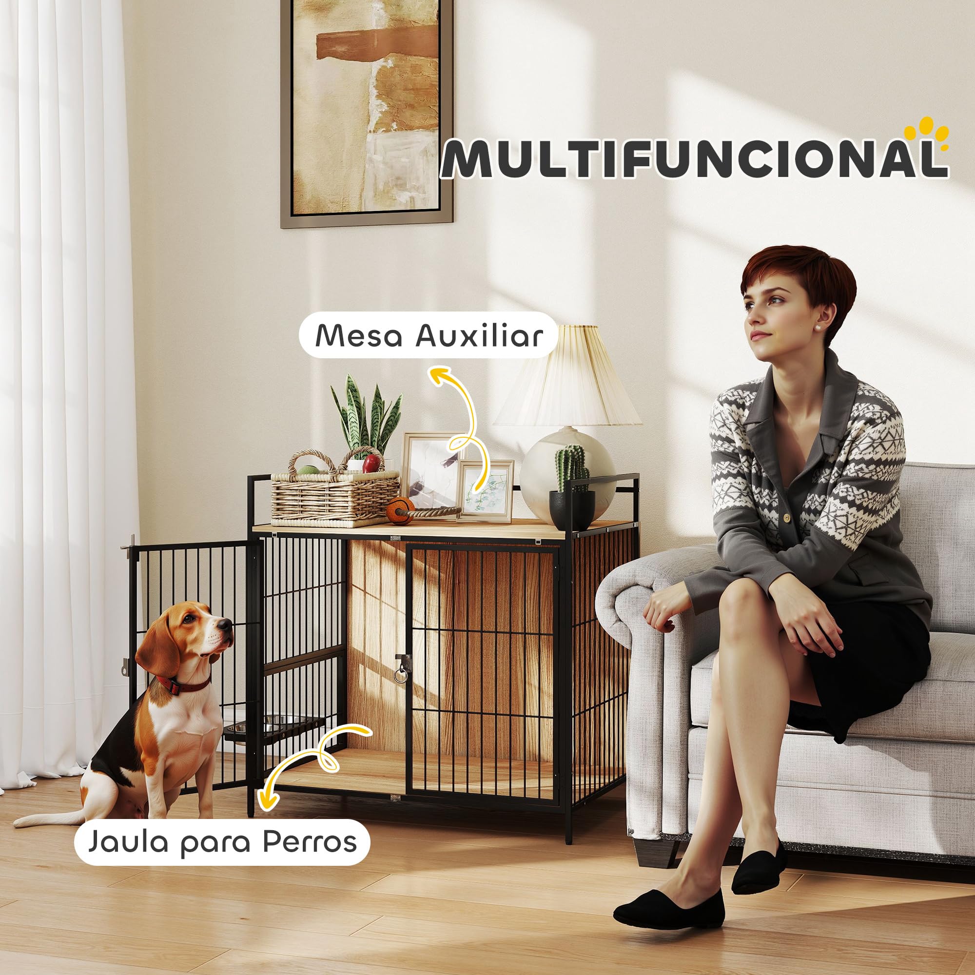 PawHut Jaula para Perros Mesa Auxiliar Moderna Casa para Mascotas con Soporte Giratorio con 2 Tazones 2 Puertas y Estante de Almacenamiento Superior para Perros Medianos 80x56x76,5 cm Roble