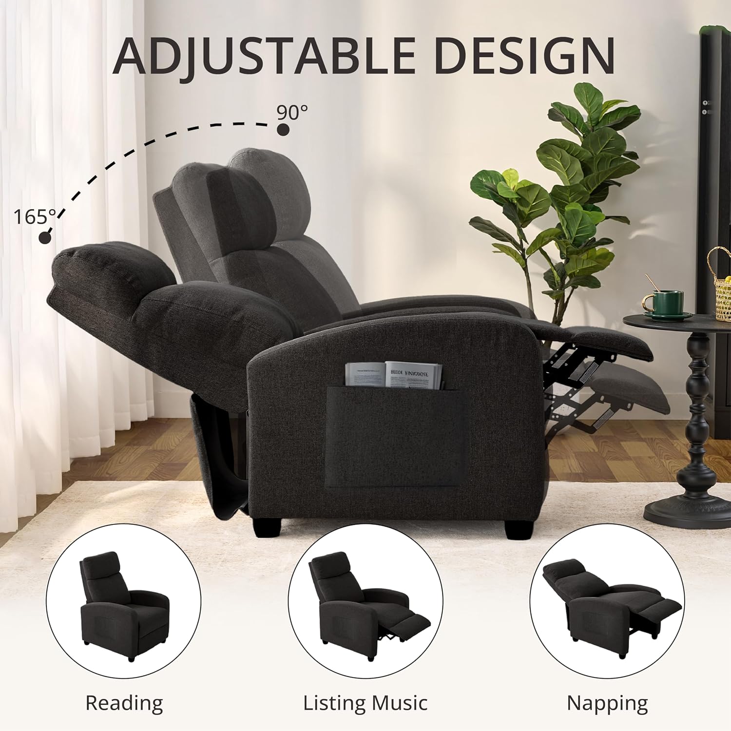 Recliner Chair for Living Room, Modern Adjustable Home Theater Seating Single Sofa Manual Push Back Armchair with Soft Linen Upholstery & High Backrest for Small Spaces, Linen-Black