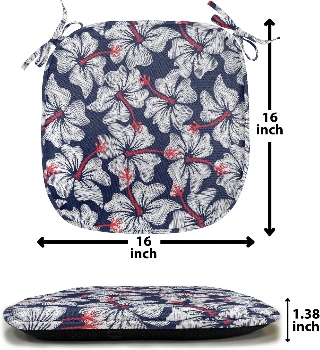 Lunarable Tropical Chair Seating Cushion Set of 4, White Hibiscus Tropical Vegetation Garden Flowers Hawaiian Island Nature, Anti-Slip Seat Padding for Kitchen & Patio, 16"x16", Dark Blue White Red