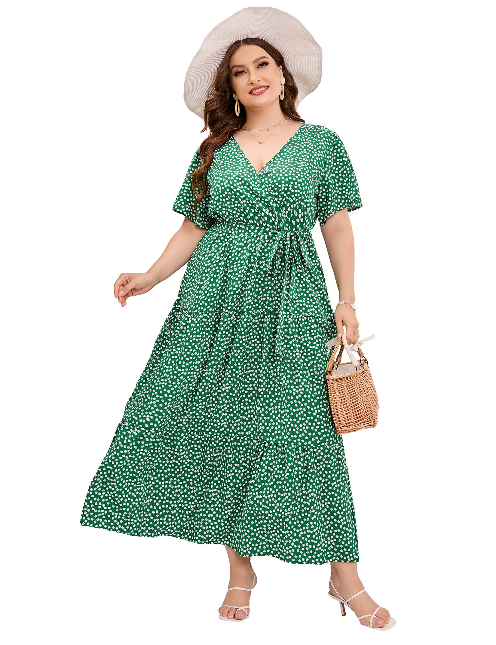 KOJOOIN Women Plus Size V Neck Wrap Maxi Dress Short Sleeves High Waist Ruffle Summer Casual Dress with Belt