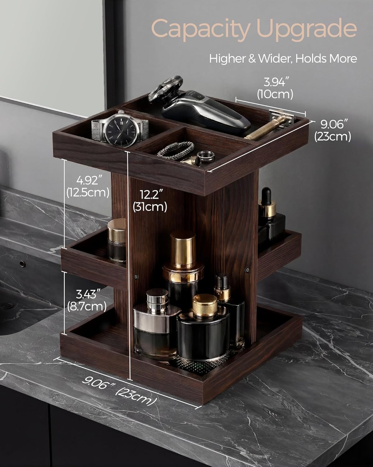 ProCase 3-Tier 360° Rotating Cologne Organizer for men, Large Capacity Wooden Countertop Display Rack for Bathroom & Dresser, Space-Saving Vanity Tray for Perfume & Skincare, Gifts for Him (Brown)