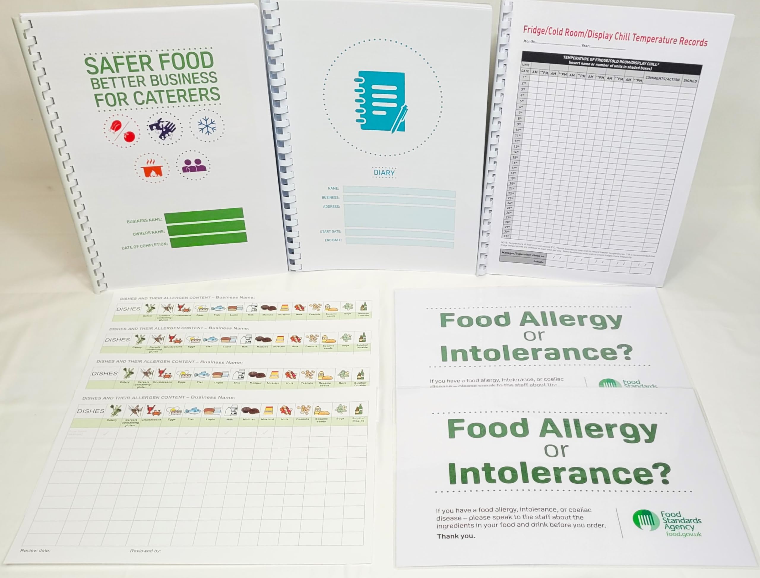 Updated Spring 2024 Safer Food Better Business for Caterers &13 Month Diary, 13 Month Daily Fridge/Cold Room/Display Chill Temperature Records, Laminated Food Allergy Signs & Allergen Charts