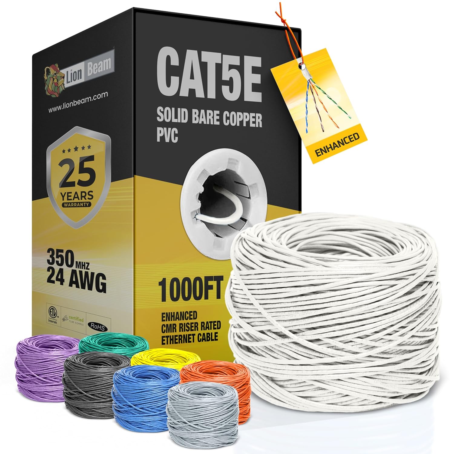 LION BEAM™ Solid Bare Copper Cat 5e Ethernet Cable 1000ft Pull-Box 24AWG CMR Insulated Network Cable 350 MHz Speed 1-5Gbps UTP Bulk Ethernet Riser Cable Bulk Cat 5 Ethernet Cable Spool Yellow