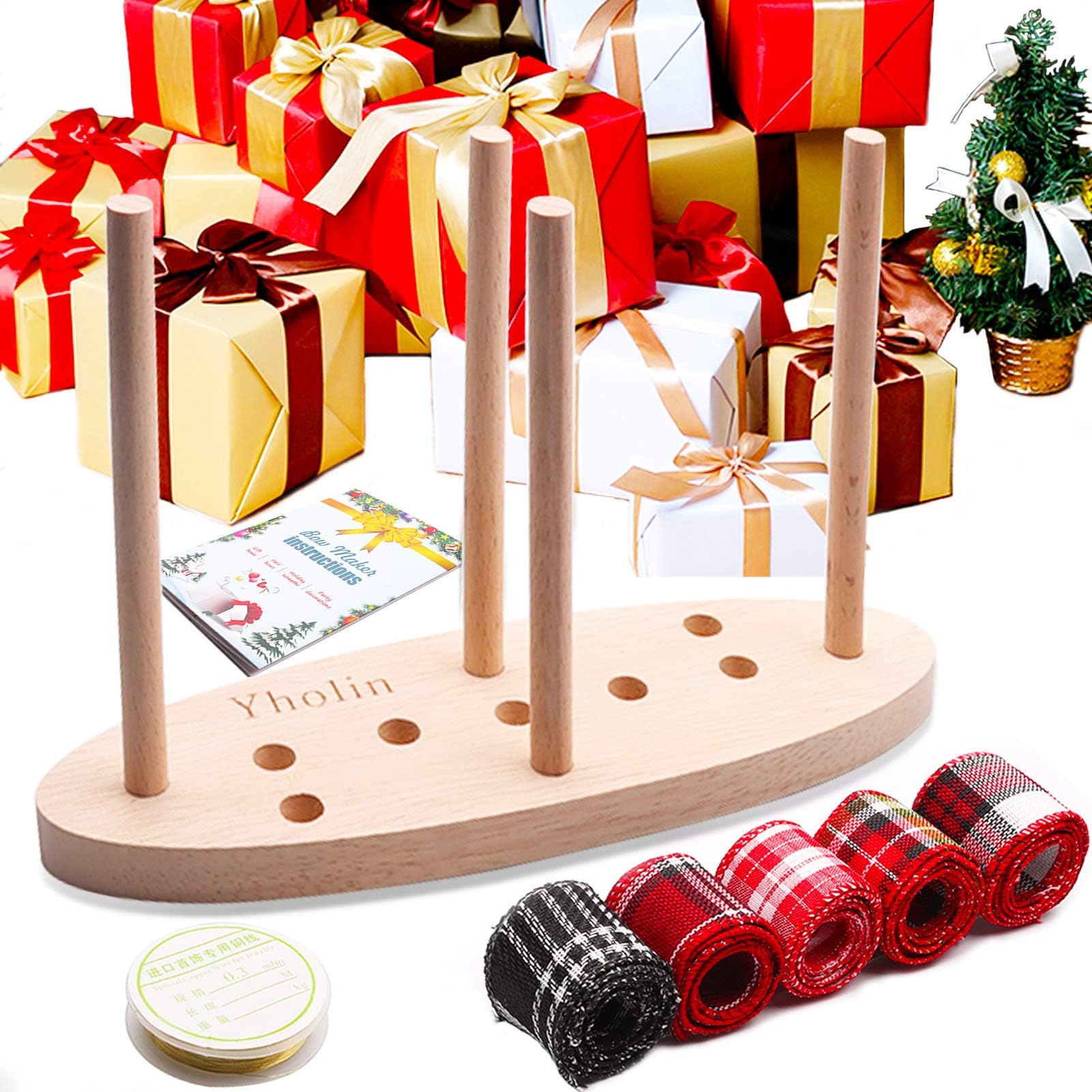 Yholin Ribbon Bow Maker with Instruction and 5 Styles Plaid Wired Edge Ribbon,Durable Oval Wooden Bow Maker for Satin Wreath Bows Christmas Big Bows Hair Bows Gifts Bows Making and Party Decoration