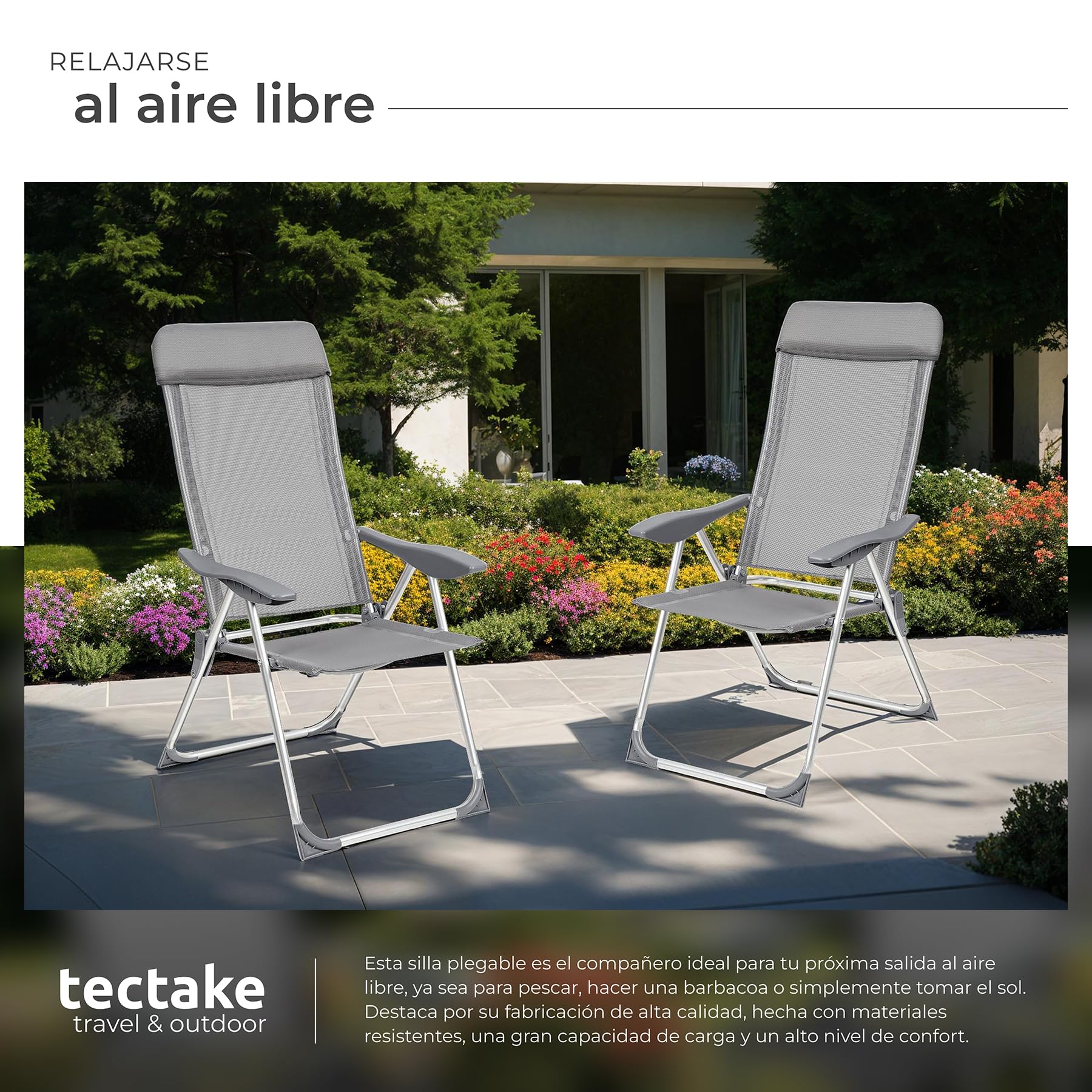 tectake® Conjunto Sillas Jardín Exterior de Aluminio, Respaldo Regulable y Reposacabezas, Conjunto Sillas Terraza Resistentes a Intemperie, Transpirable, Patas Reforzadas - 4 Sillas Gris