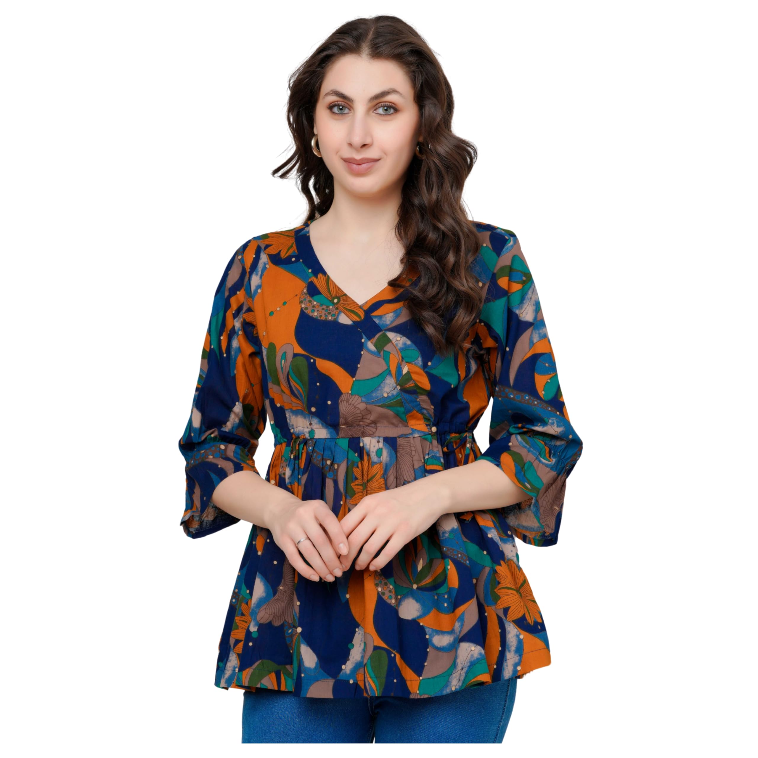 threadflix Women Multicolor Floral Print V-Neck Top 3/4 Sleeves Casual Shirt for Spring & Summer, Trendy & Comfortable Everyday Wear-picture-13