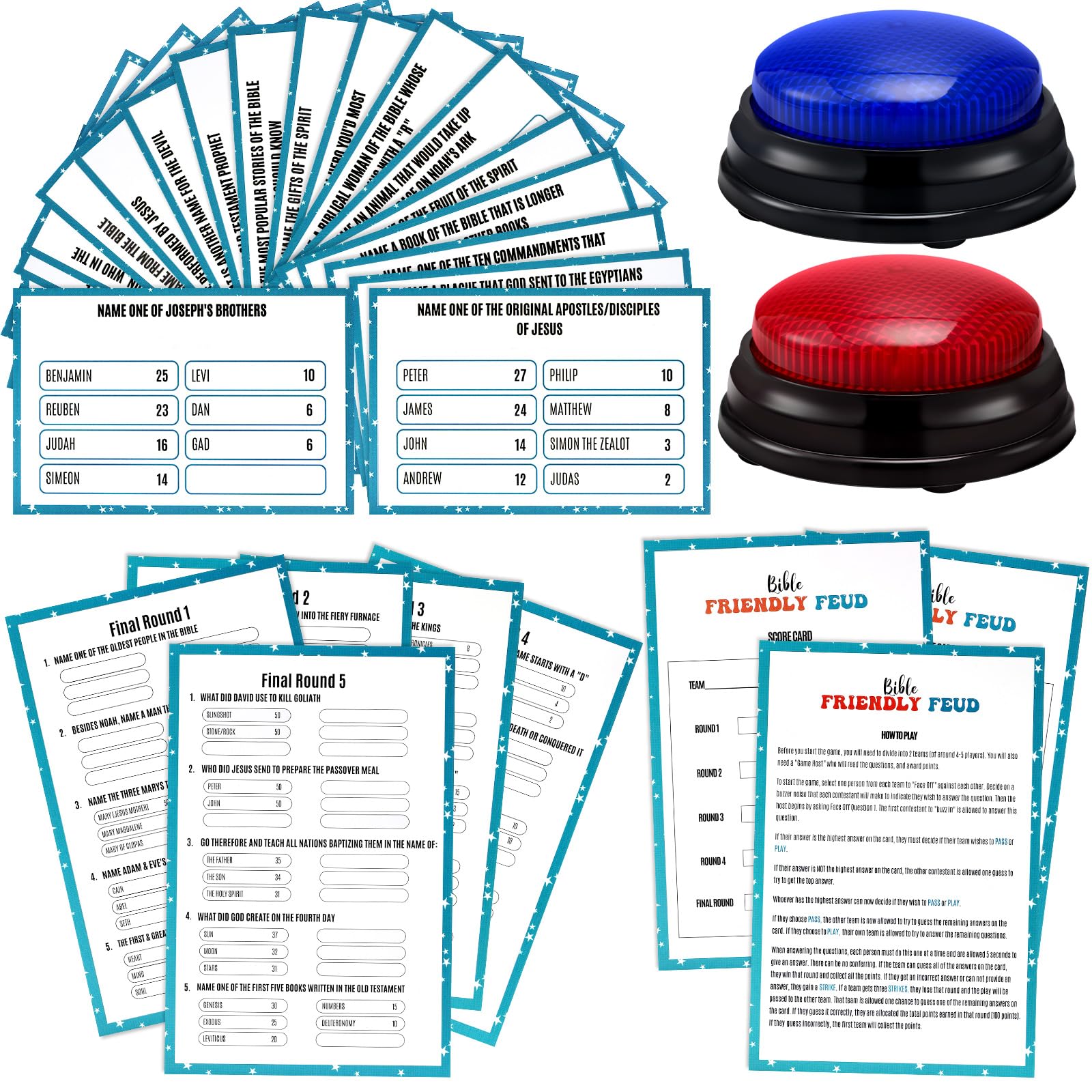 Humyoun Christian Bible Friendly Feud Game with 2 Answer Buzzers, Religious Family Feud Card Game Night Church Group Fun Trivia Quiz for Easter Party Office Class Team Building