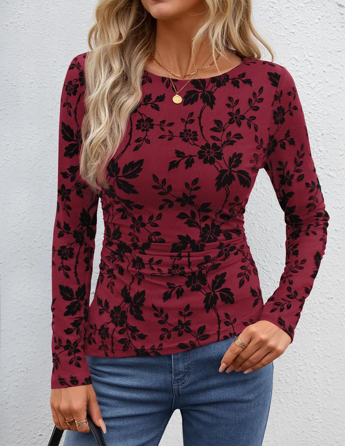 ZESICA Womens Floral Long Sleeve Shirts 2026 Spring Boat Neck Mesh Ruched Tops Fitted Asymmetrical Going Out Blouses - Image 2