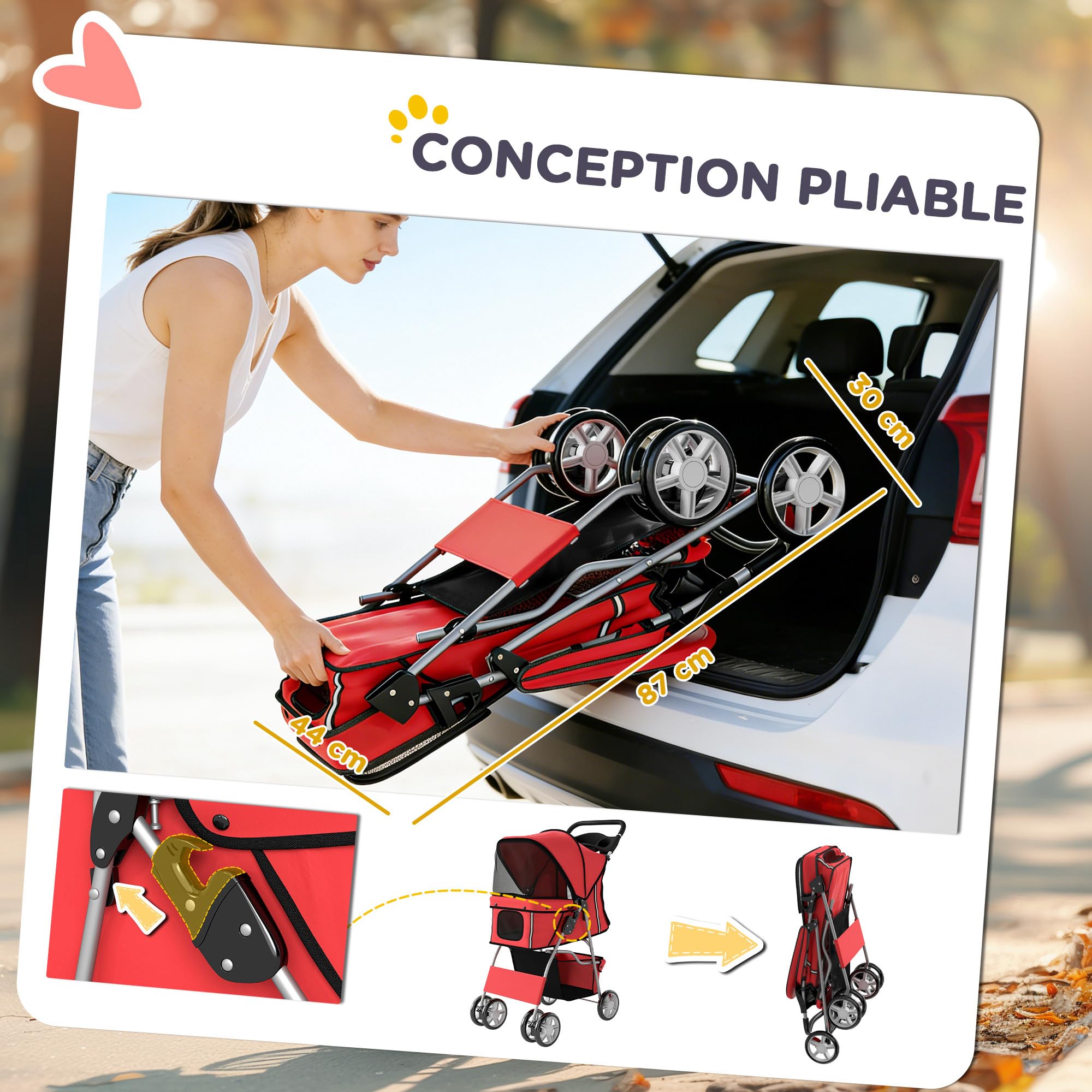 Poussette Buggy Pliable Animaux, Chariot Pliante Imperméable pour Chien et Chat, Toit Amovible Incluse, Porte-Gobelet, Panier de Rangement, Roues avec Frein, Tissu 600D Oxford, Acier, Rouge