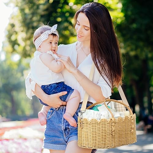 Miniatura 7 de Organizador de pañales para bebé, cesta de ratán festoneada hecha a mano con correa para el hombro y divisor extraíble, cesta de pañales para