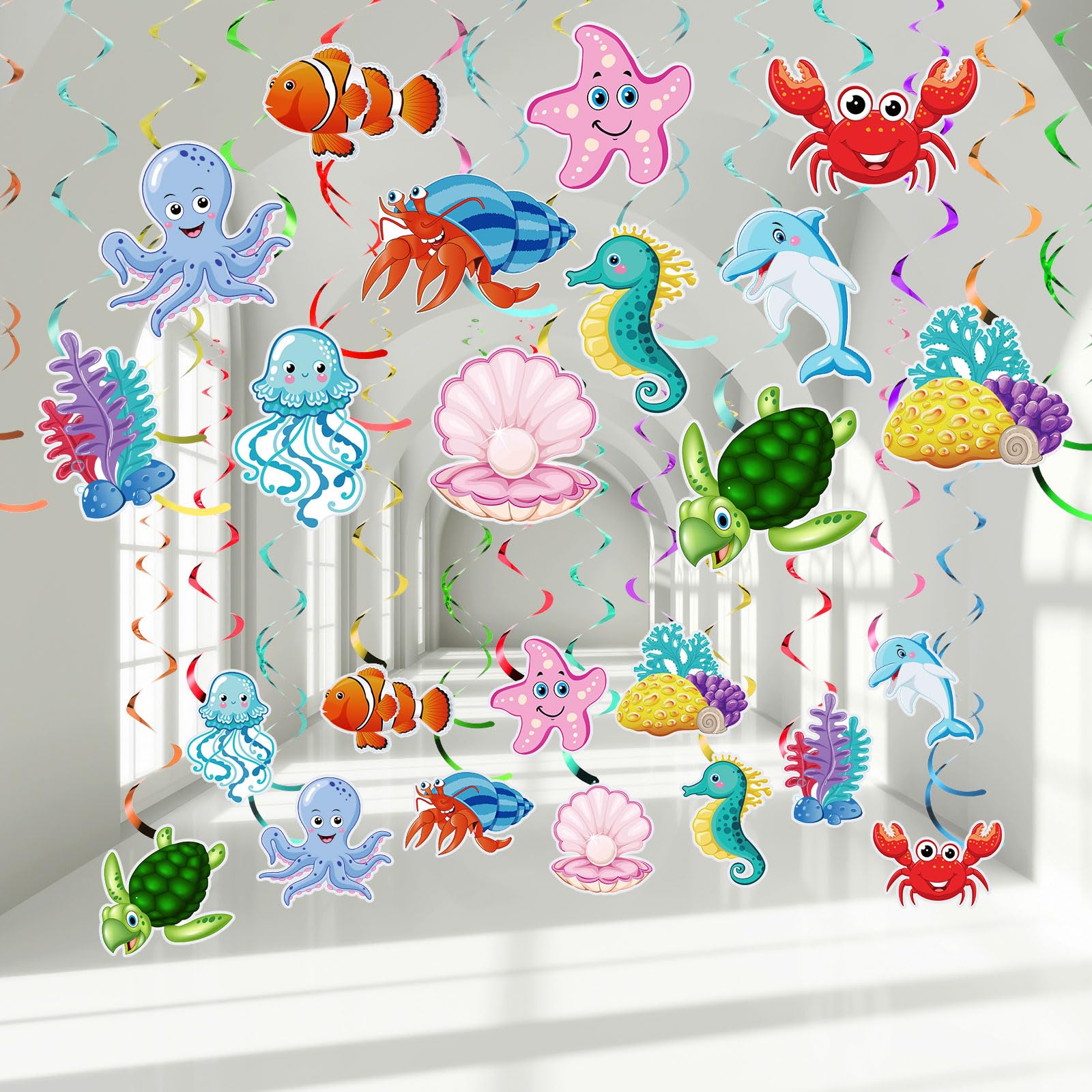 30 Pieces Sea Animals Hanging Swirl Decorations Under the Sea Birthday Party Ceiling Decor for Boys Girls Ocean Mermaid Creatures Baby Shower Tropic