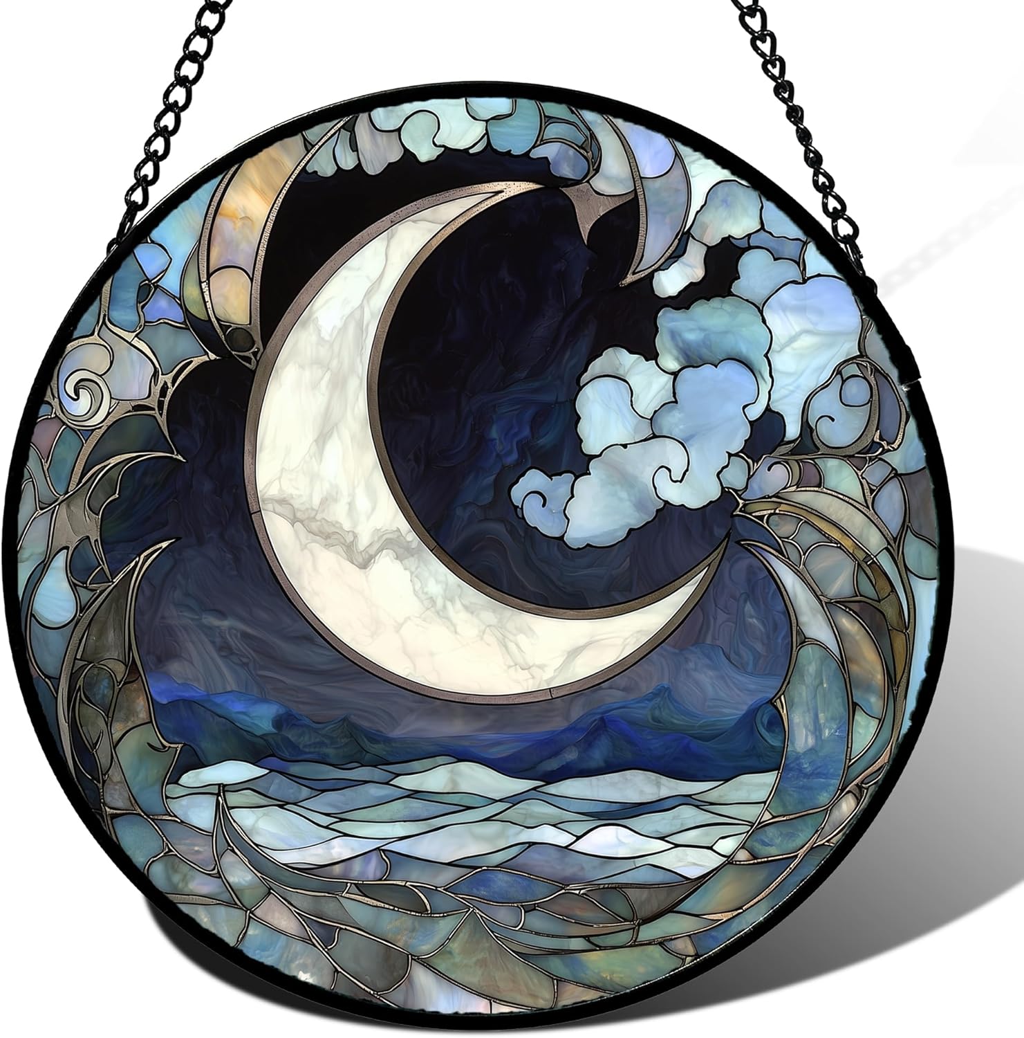 Stained Glass Window Hanging - Abstract Sea of ​​Clouds Moon Sun Catcher for Door Terrace Garden Home Decor, Gray Blue Suncatcher Birthday Gifts for Lovers Women Men Dad Mom Nana 15 in