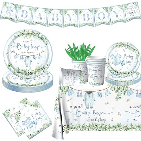 Watercolor Blue Greenery Baby Shower Tableware Set Included Tablecloth, Plates, Napkins, Plates And Napkins Sets