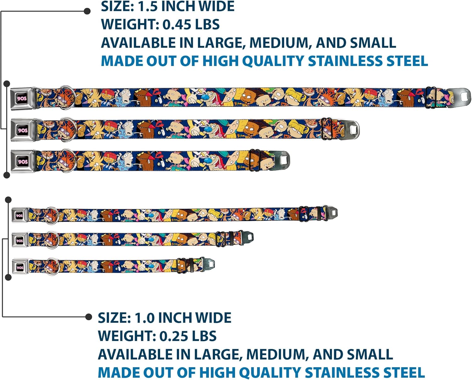 Dog Collar Seatbelt Buckle Nick 90s Rewind 16 Character Poses Navy Blue 15 to 26 Inches 1.0 Inch Wide