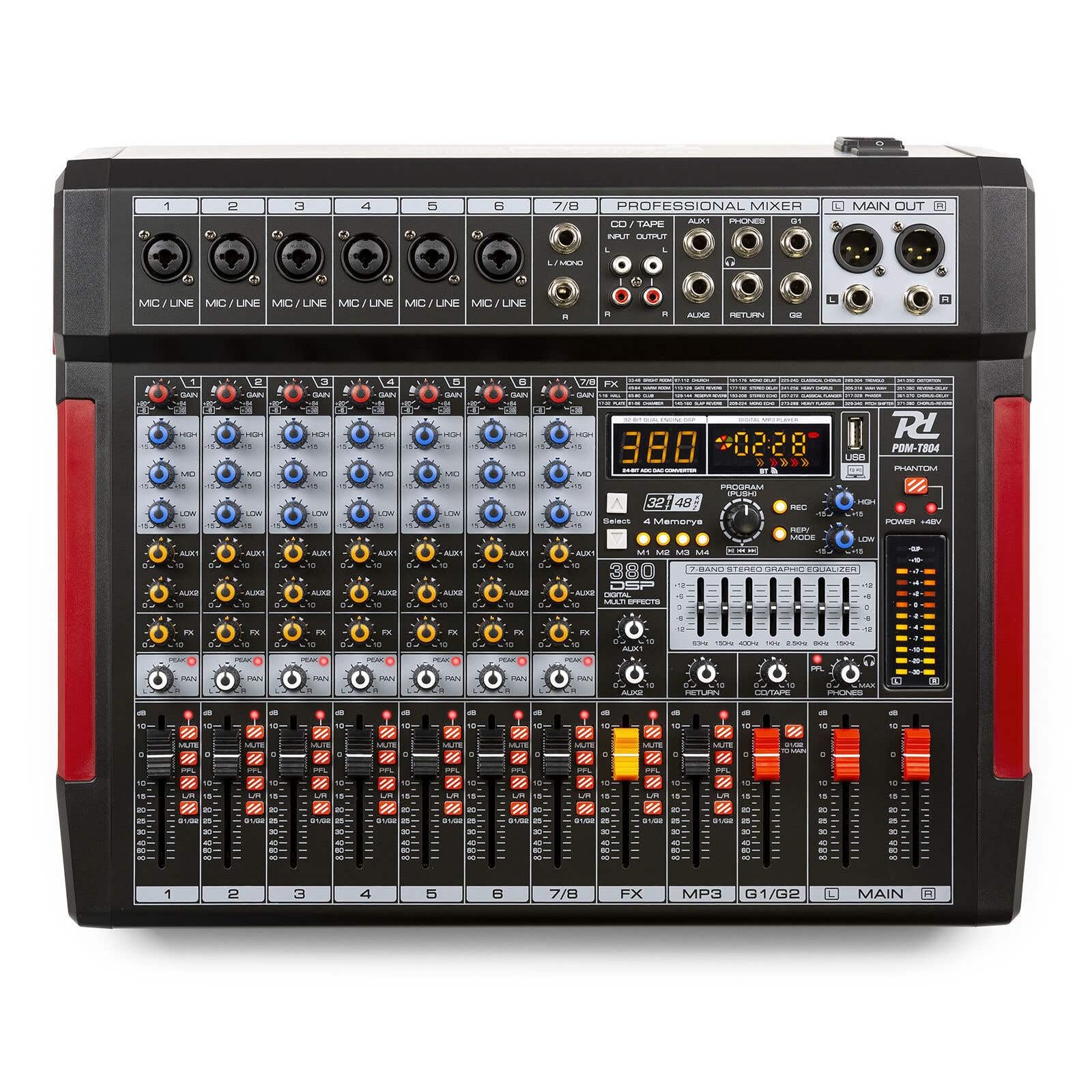 Power Dynamics PDM-T804 Console de Mixage 8 Canaux - avec Streaming Bluetooth, Egaliseur Graphique 7 Bandes, MP3, Sortie USB, Sortie Casque Jack 6,35mm, Idéal pour Studio d'Enregistrement
