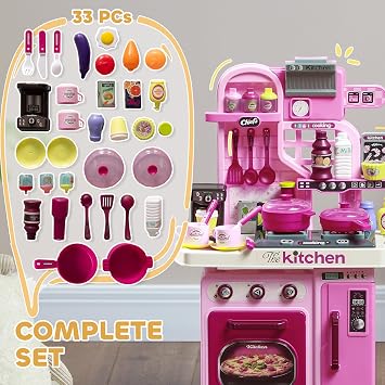 AIYAPLAY Kids Kitchen, 33-Pc Play Accessories, Lights, Ages 3-6, Pink