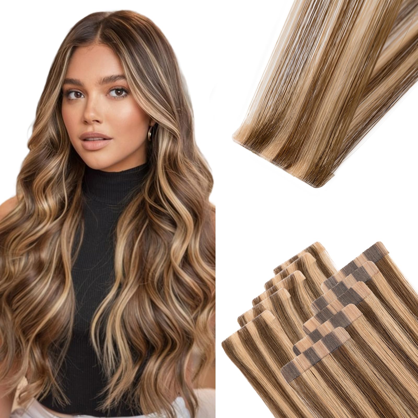 TESS Tape In Hair Extensions Human Hair Invisible Highlighted Injected Tape Seamless Real Hair Straight 10 Pcs 25G