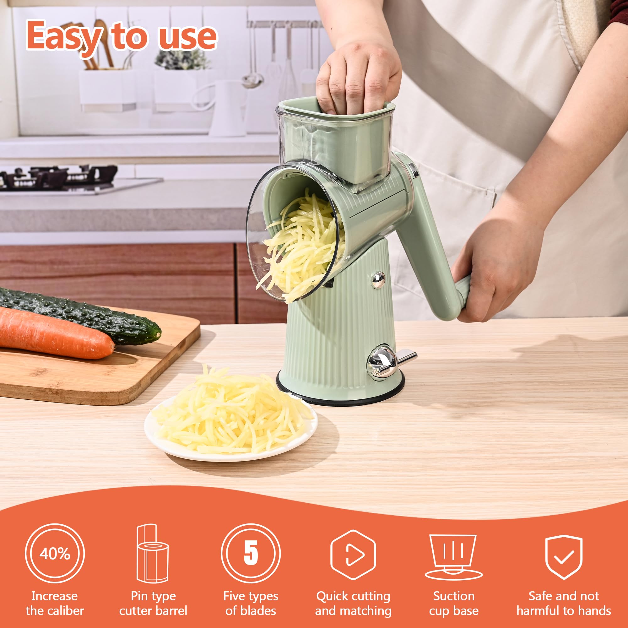 Rallador de queso 5 en 1 con manivela para encimera de cocina, rallador con mango para rotación de cocina, cortador de verduras, molinillo de nueces, triturador de queso con cepillo limpio