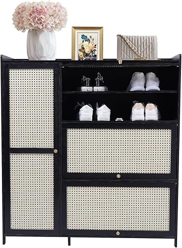 Gabinete de zapatos de ratán de bambú con 4 puertas, Gabinete de almacenamiento de zapatos independiente de gran capacidad, estante de