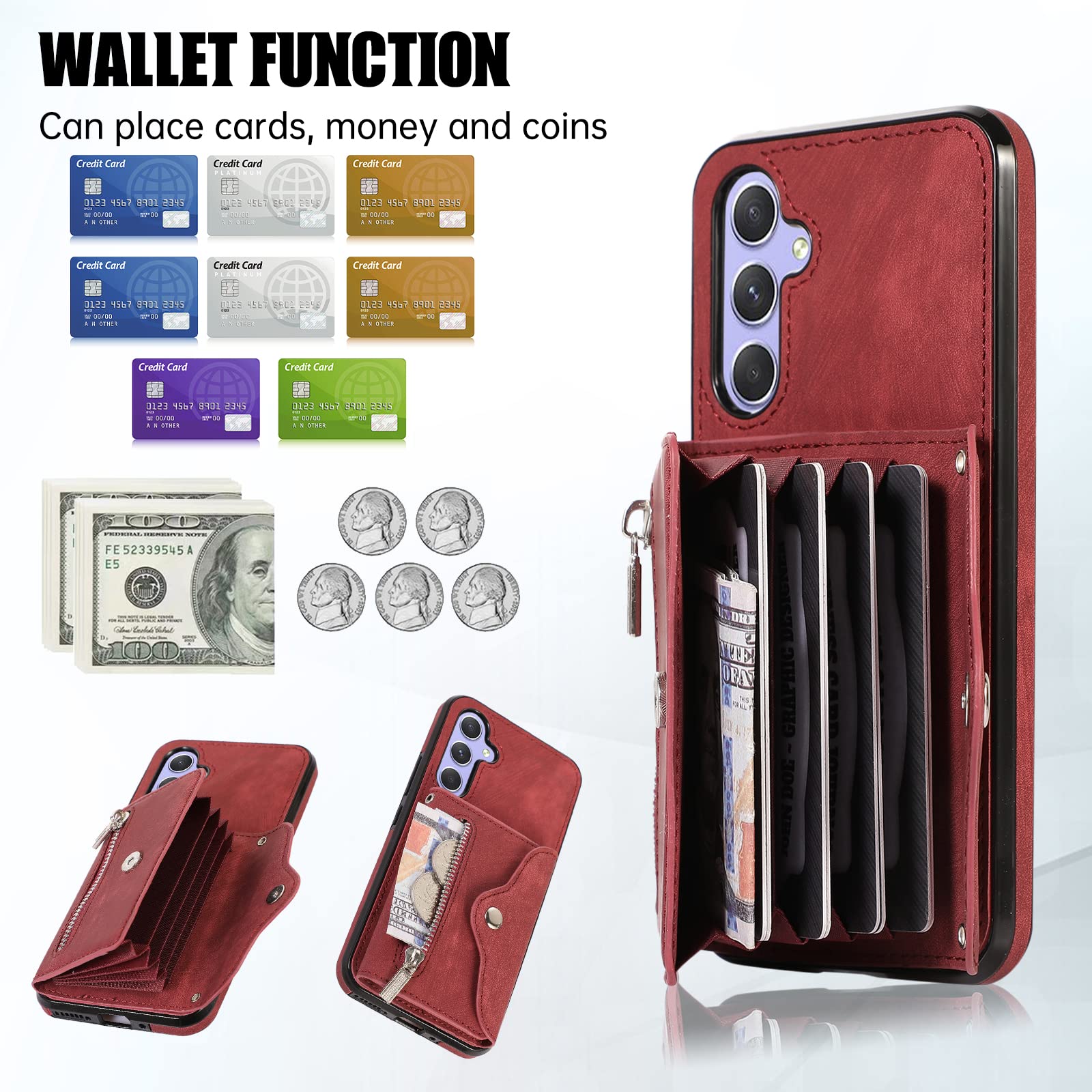 Phone Case for Samsung Galaxy A15 5G Wallet Cover and Tempered Glass Screen Protector with Wrist Crossbody Strap Lanyard Credit Card Holder Stand Leather Cell Accessories A 15 4G 15A Women Red