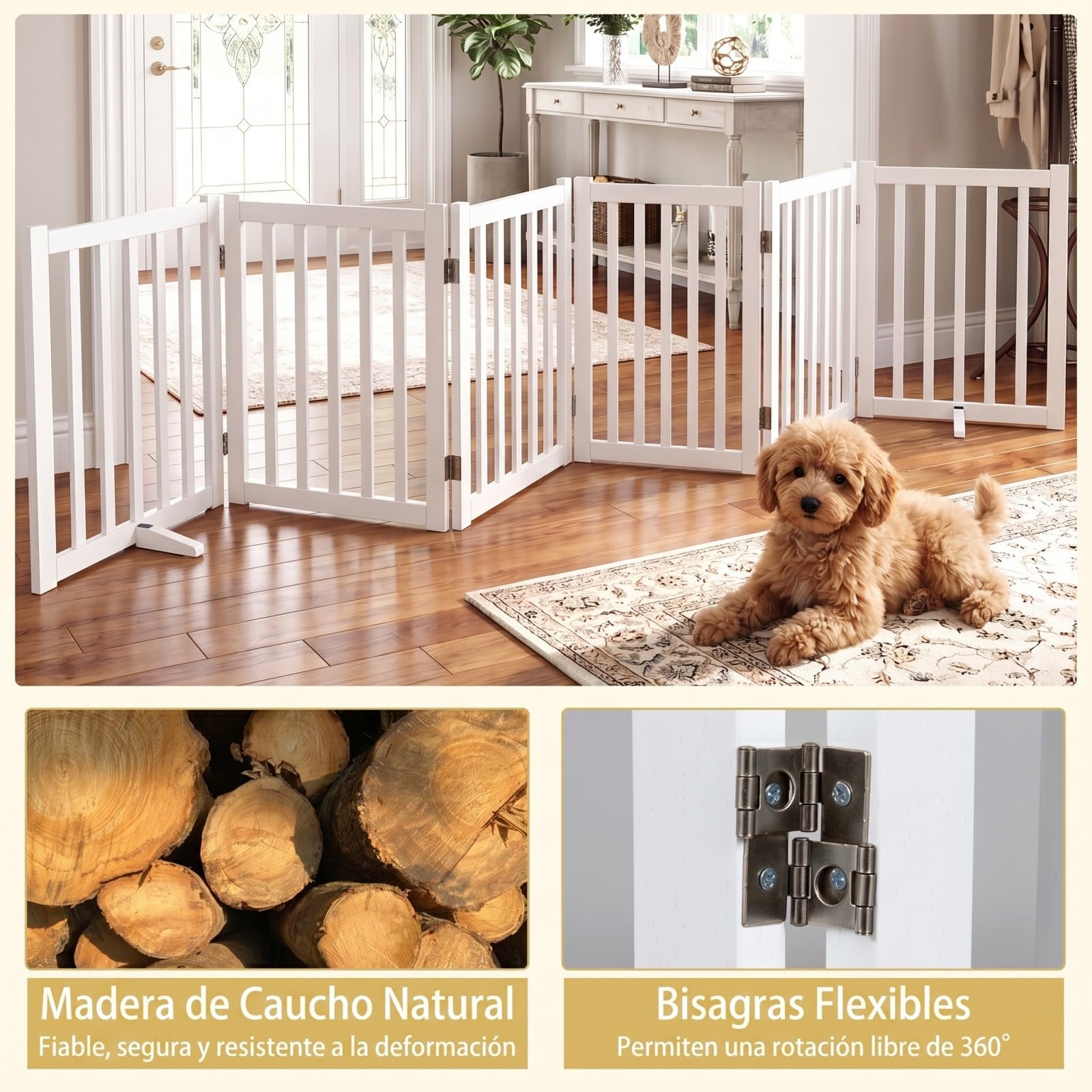 COSTWAY Barrera de Seguridad para Perros Plegable, Puerta para Perros de 6 Paneles de Madera con Patas de Apoyo, sin Montaje, Vallas de Seguridad para Interior Escaleras Pasillo, 306 x 61 cm