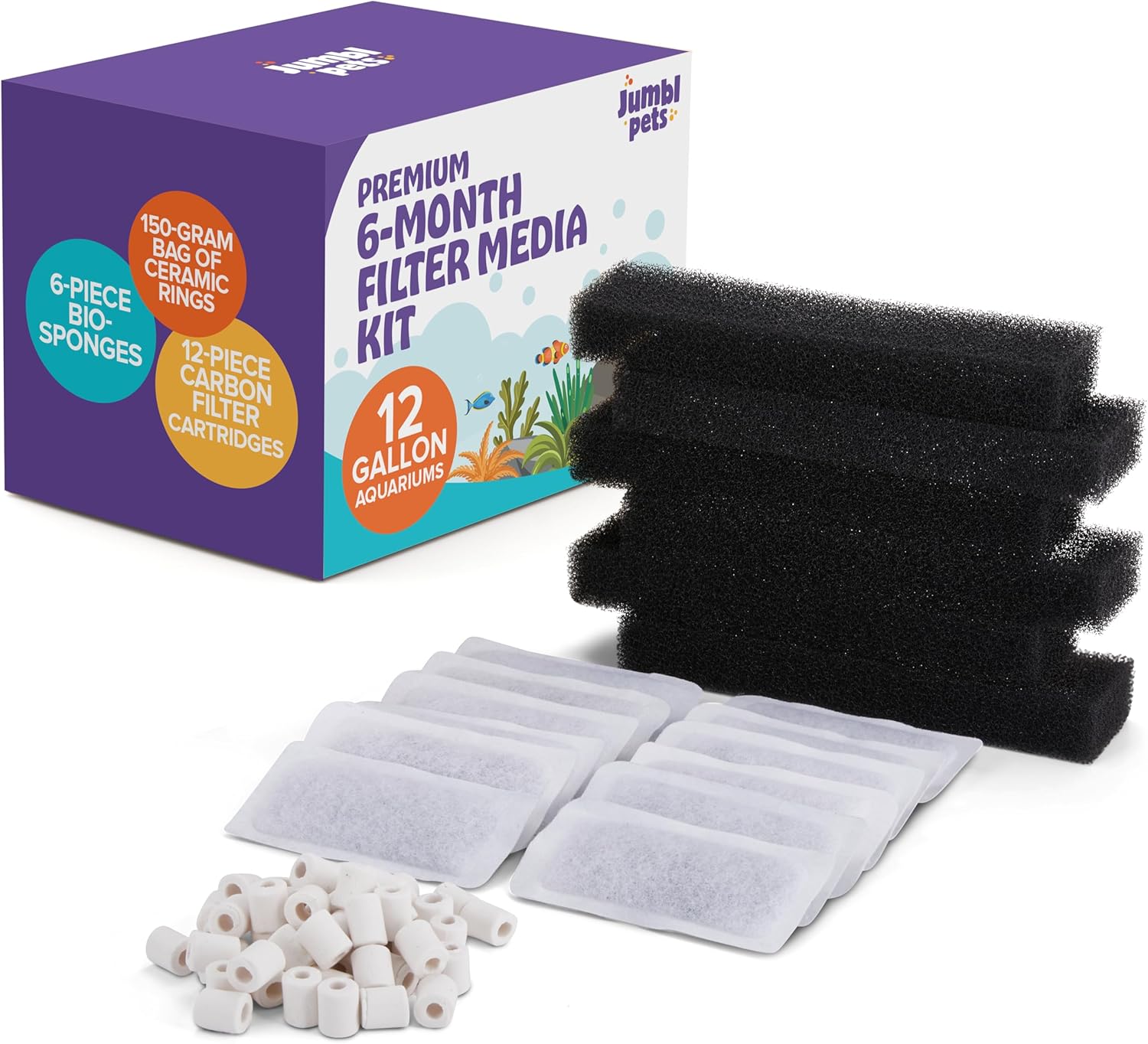 JumblPets Premium 6-Month Filter Media Kit Including 6-Piece Bio-sponges, 150-gram Bag of Ceramic Rings, and 12-Piece Carbon Filter Cartridges for 12-Gallon Aquariums