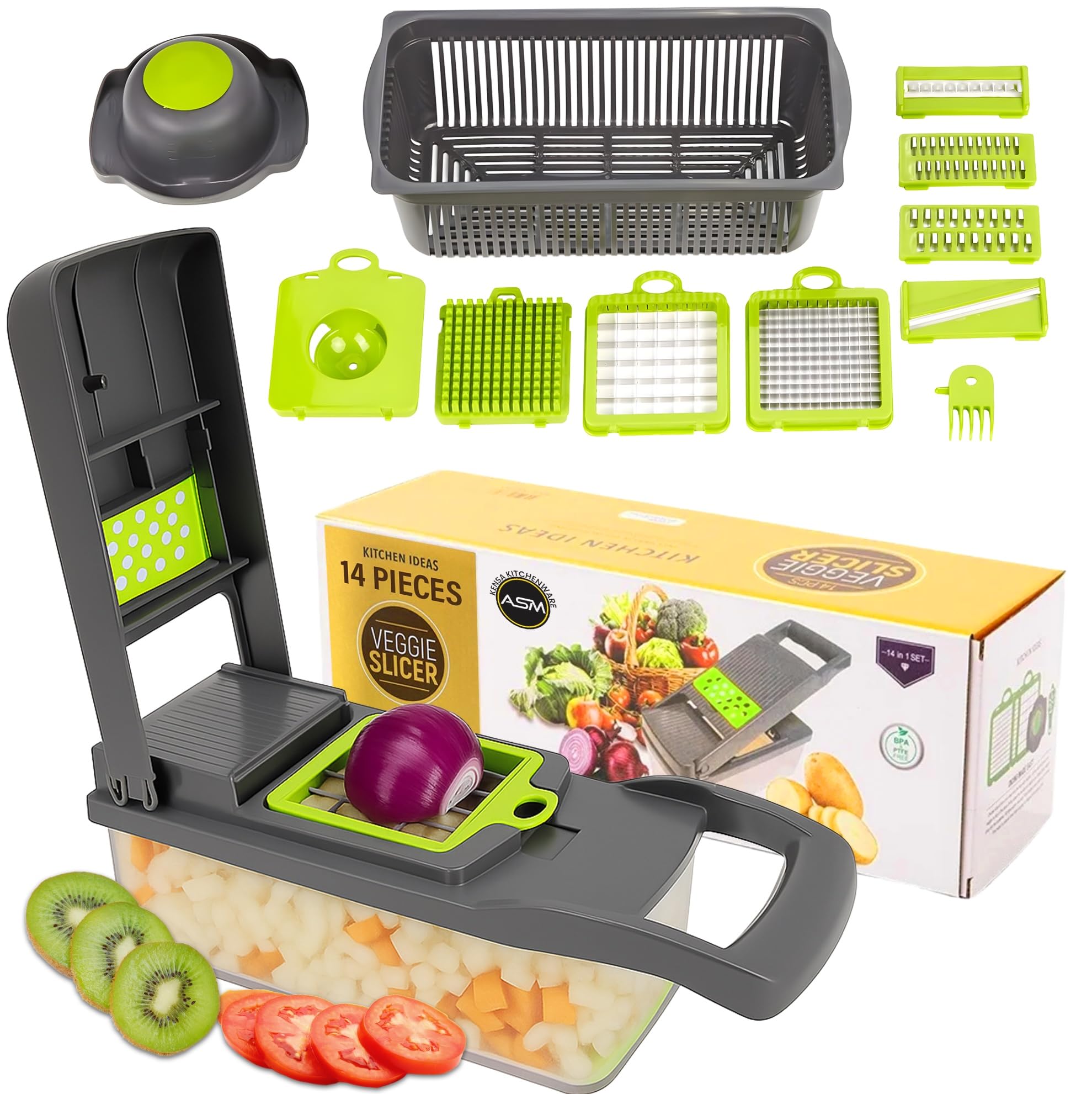 Vegetable Chopper Multifunctional 14-in-1 Kitchen Tool with Interchangeable Stainless Steel Blades, Container and Hand Guard