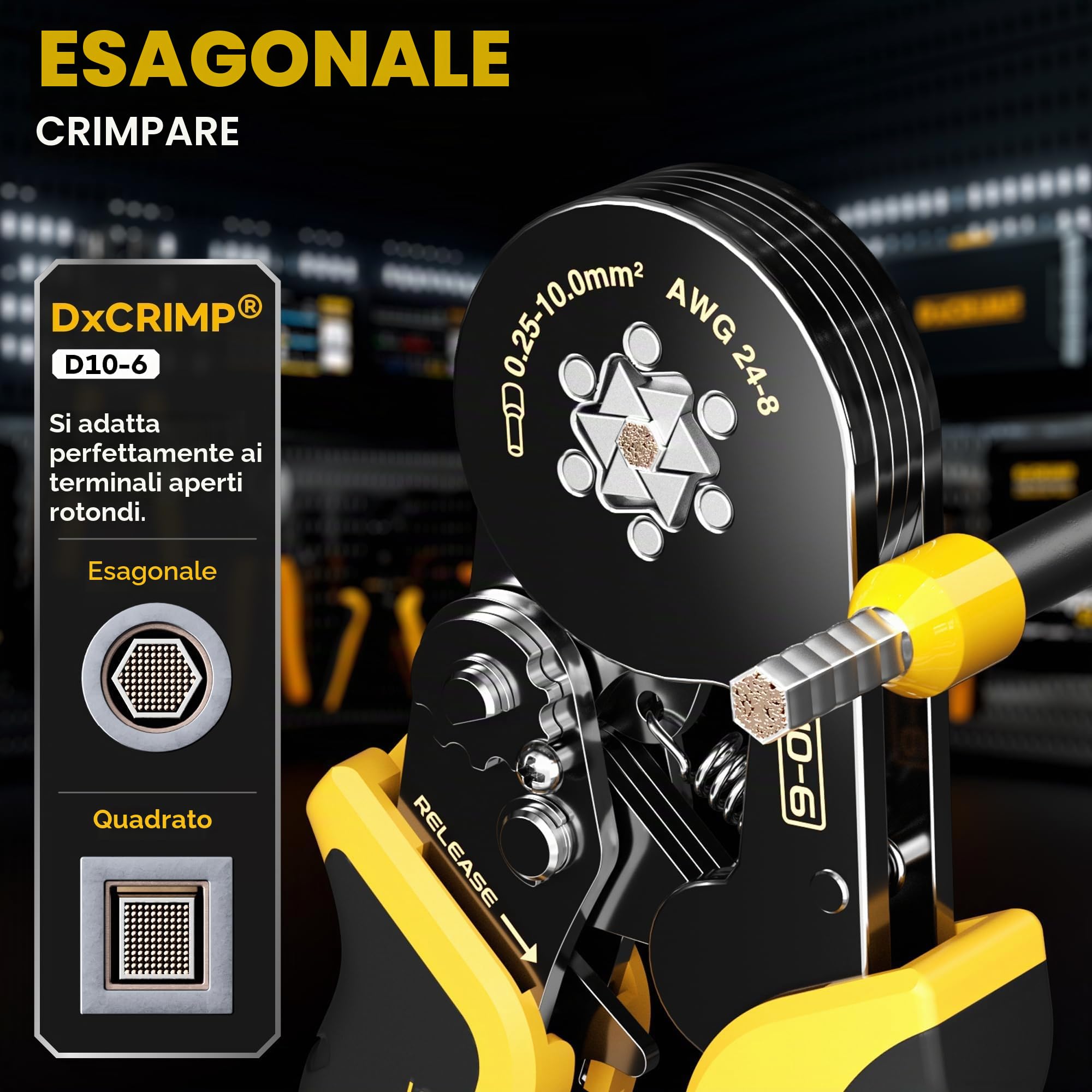 DxCRIMP Set di Pinze Puntalini, Pinza Crimpatrice Capicorda, con 22 tipi di Puntalini isolati, non isolati e bi-wire, Connettori Elettrici 0,25-6 mm² Pinza Puntalini Esagonale, Pressatrice Multistrato