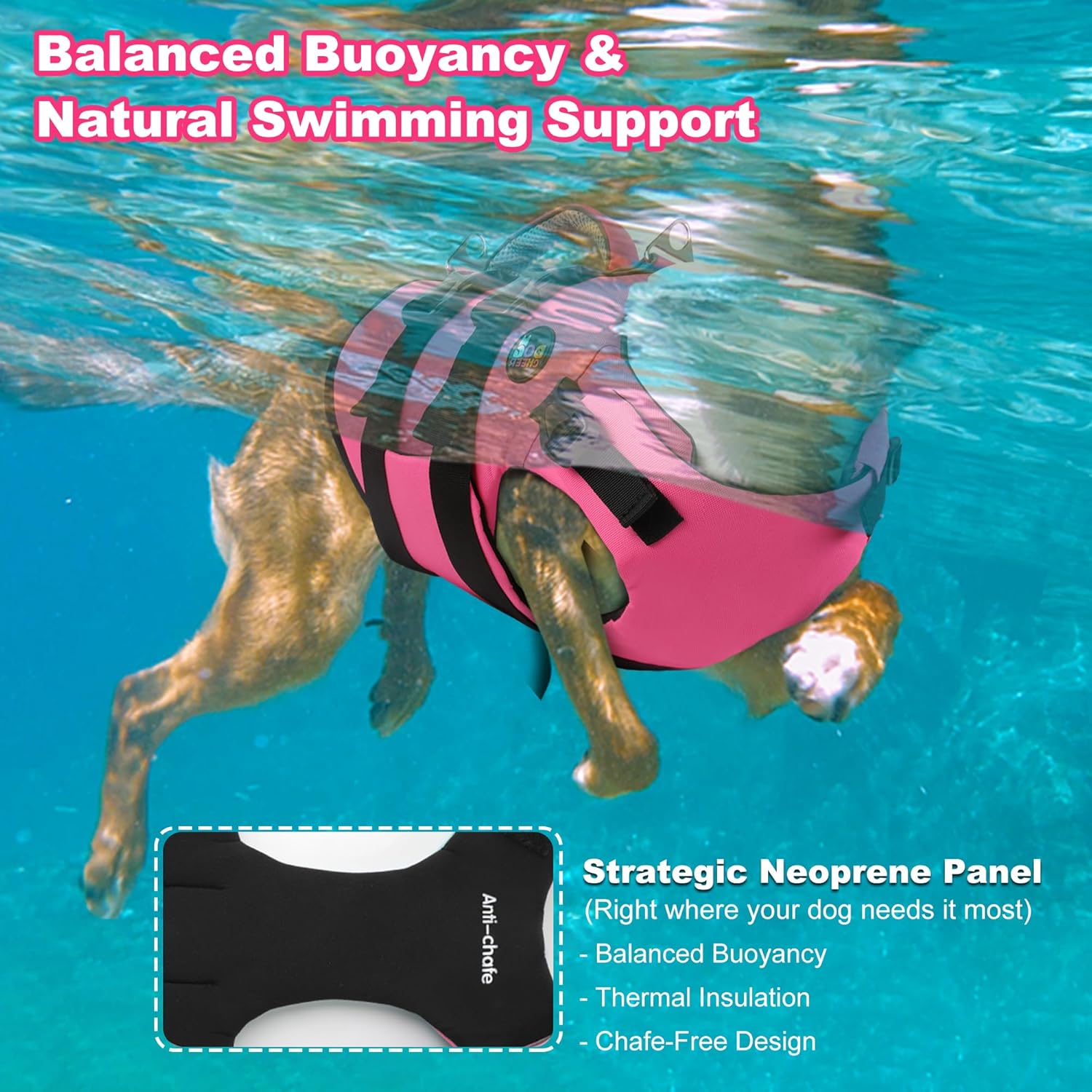 Dogcheer Dog Harness Life Jacket, High Buoyancy Neoprene Dog Life Vest for Swimming Boating, Adjustable Puppy Swim Vest Reflective Pet Float Vest for Small Medium Large Dogs - Pink, L