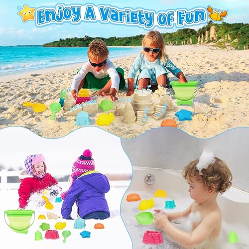 Vista 13 de Juego de arena de juguetes de playa para niños, cubo plegable y palas con bolsa de malla, moldes, banderas, caja de arena para niños pequeños, viaje