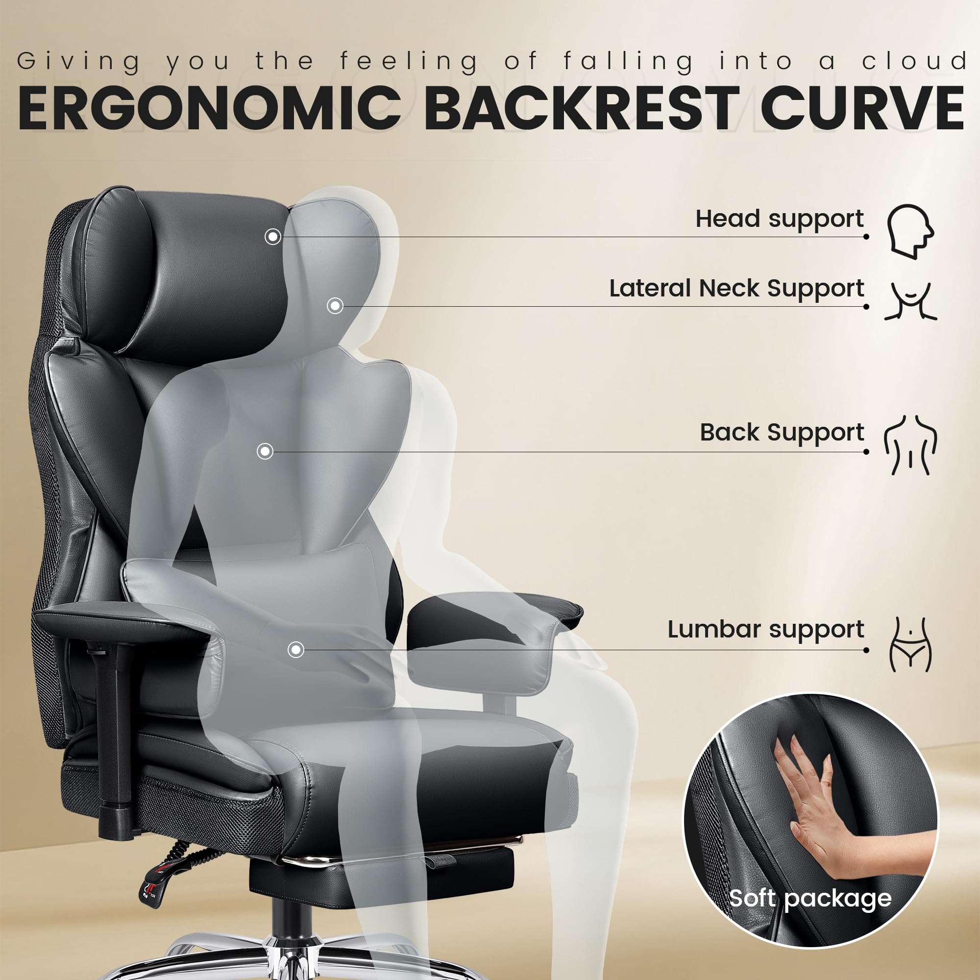 Chefsessel Breit, Ergonomisch Bürostuhl mit Fußstütze 165° verstellbare Rückenlehne Home Office Stuhl Kunstleder 150-200KG, Schwarz