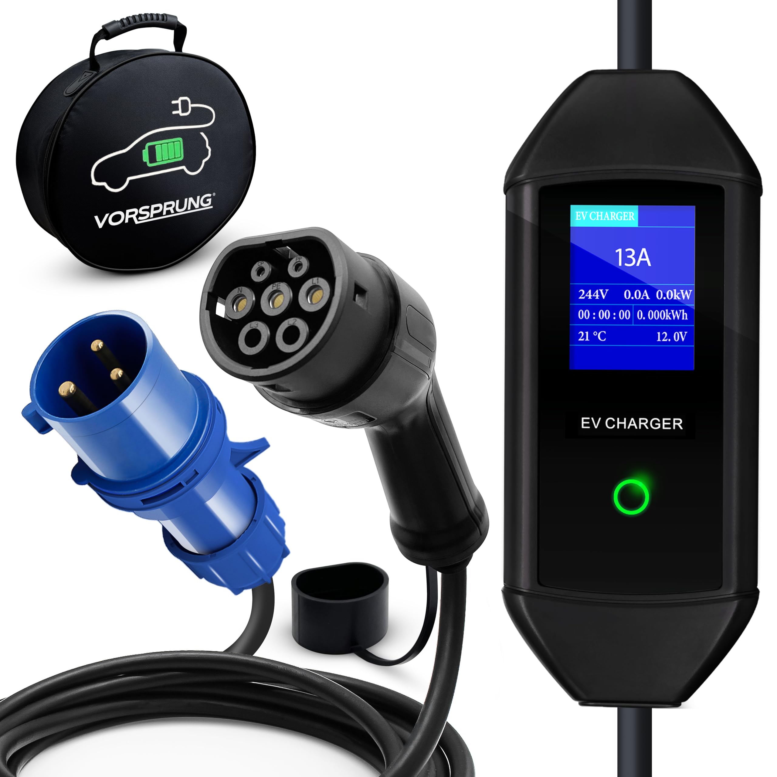 Vorsprung(CEE 3 Pin Plug) Portable Type 2 EV Charger, Adjustable Amperage (10A/16A/20A/24A/32A) 7.3kW with Controllable Digital Screen - Electric Vehicle Motorhome Charging Cable T2, (UK) (8 Metre)