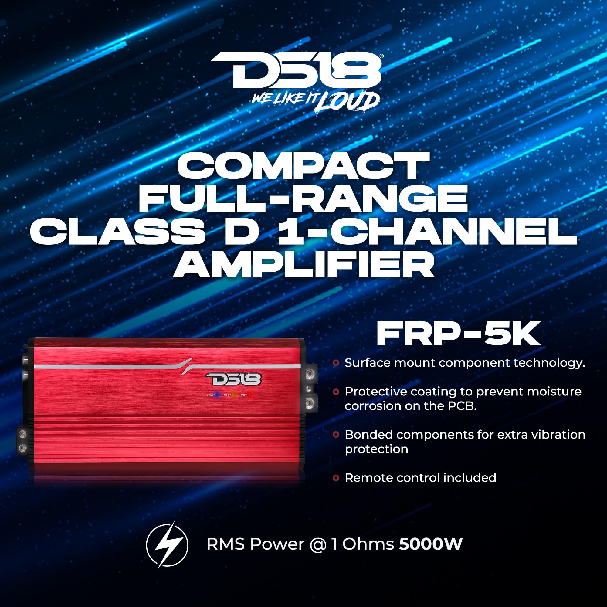 DS18 FRP FRP-5K/TI 1-Channel Amplifier 5000 Watts RMS @ 1-Ohm, Certified Dyno, Compact Full-Range Class D, Monoblock Amplifier, Exceptional Efficiency, Remote Level Control Knob, Titanium