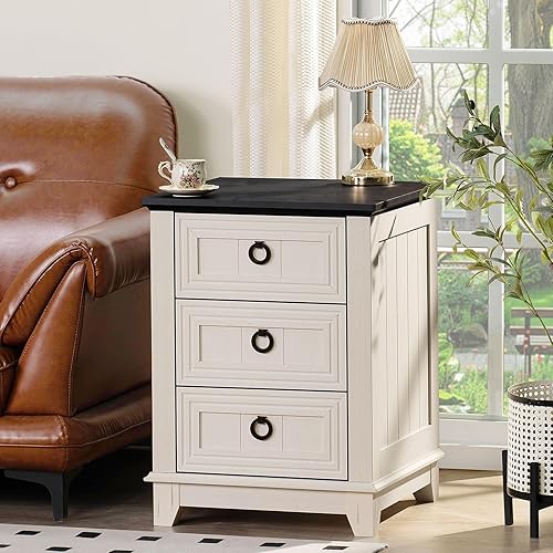 Miniatura 22 de Juego de 2 mesitas de noche estilo granja de 18" con estación de carga, cómoda con mesa auxiliar de 2 cajones para dormitorio, mesita de noche de