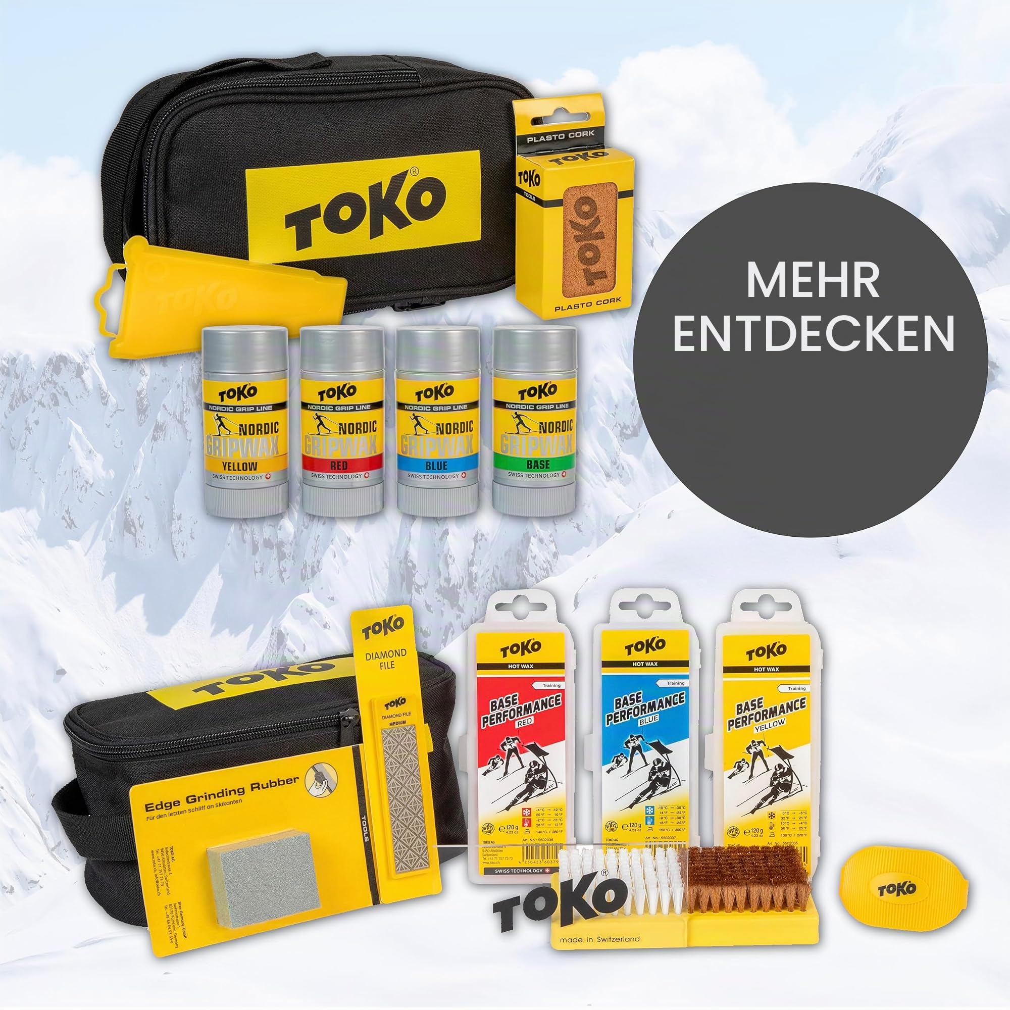 TOKO Base Performance Gliding Kit, Skiwachs Set zur Verbesserung der Gleiteigenschaften (Ski Wachs Komplettset mit 3 Flüssigwachsen, Waxremover, Base Tex und Polierbürste für Piste und Loipe)