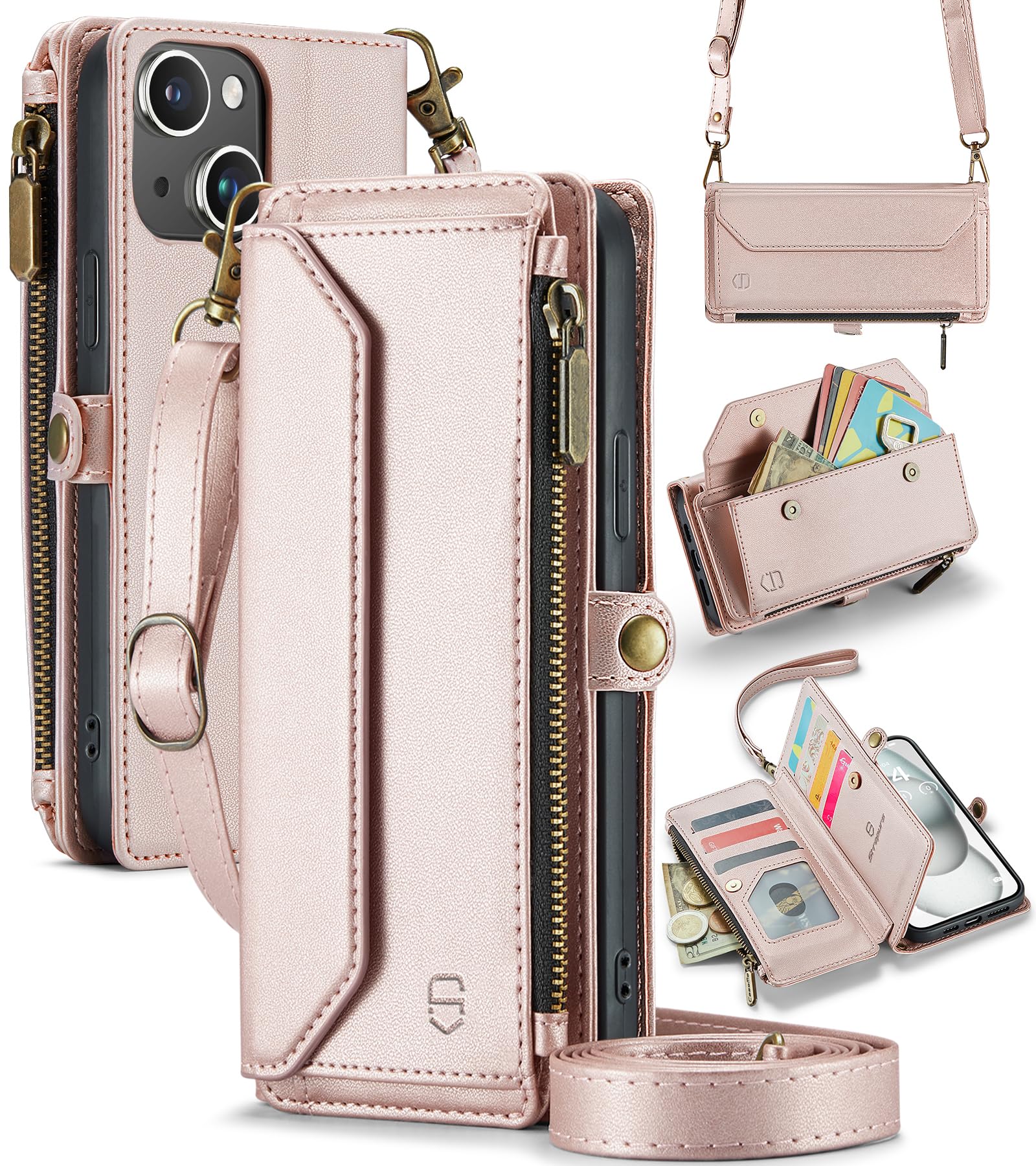 Crossbody for iPhone 15 Plus Wallet Case?RFID Blocking? with 10-Card Holder Zipper Bills Slot, Soft PU Leather Magnetic Wrist Shoulder Strap for iPhone 15 Plus Case Wallet for Women,RoseGold