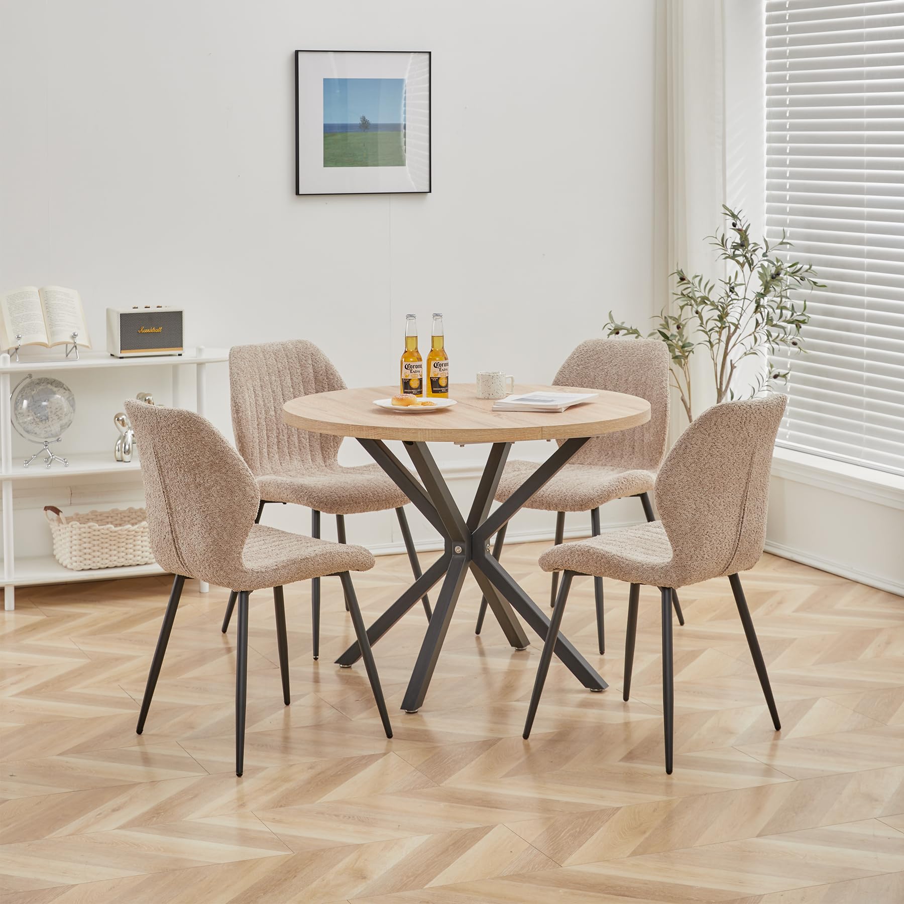 Essgruppe 5-Teilig, 100cm Runder Esstisch und 4 Leinen-Esszimmerstühle, Esstisch und Stühle für 4 Personen, 4 Stühle & Tisch für Küche, Esszimmer und Wohnzimmer (Helle Holzfarbe+Braun)
