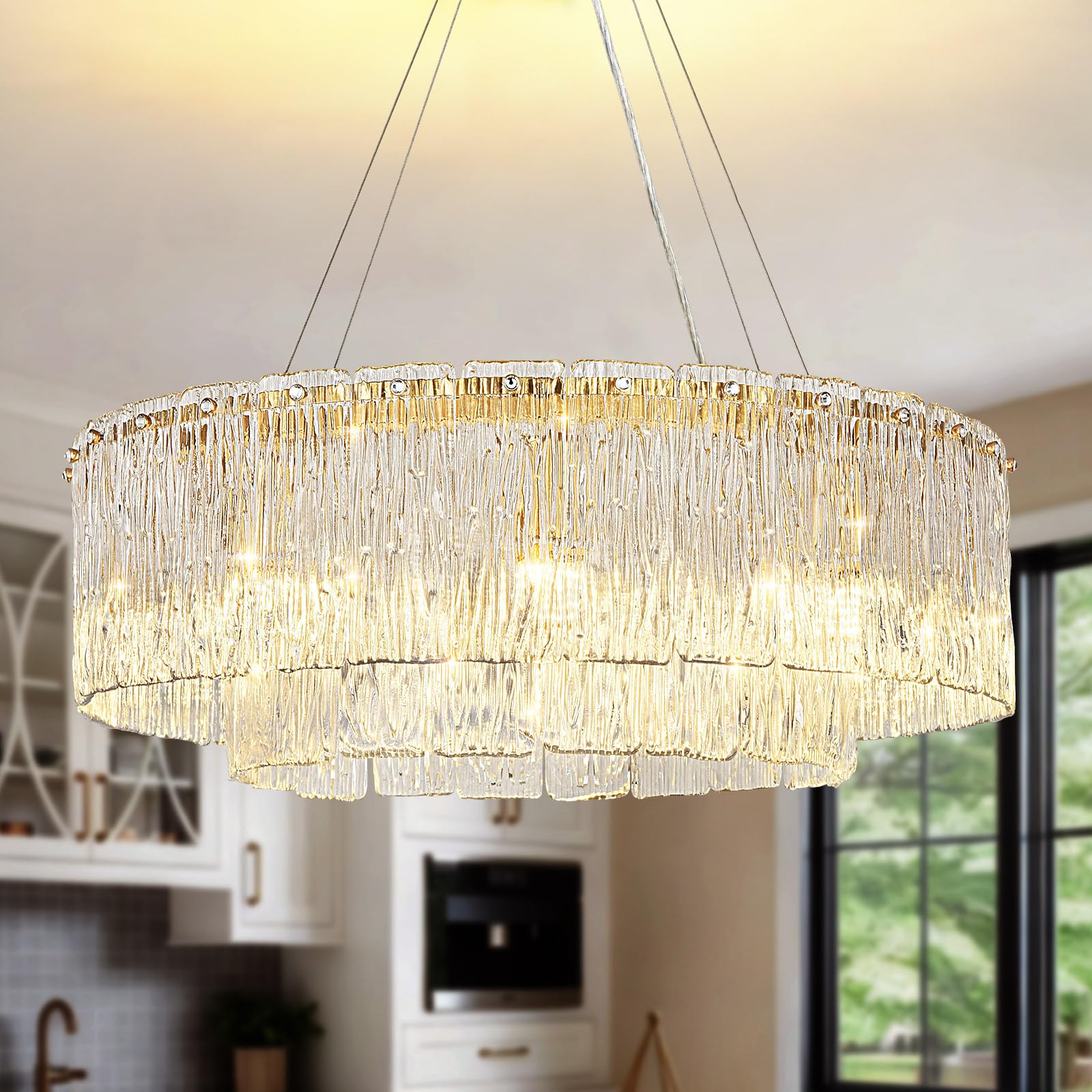 KUNYEEE Modern Crystal Chandeliers, Round Glass Raindrop Chandeliers Pendant Light, Gold Flush Mount Ceiling Light Fixture for Kitchen Island Dining Room Living Room E14 x 8, Ø60 cm