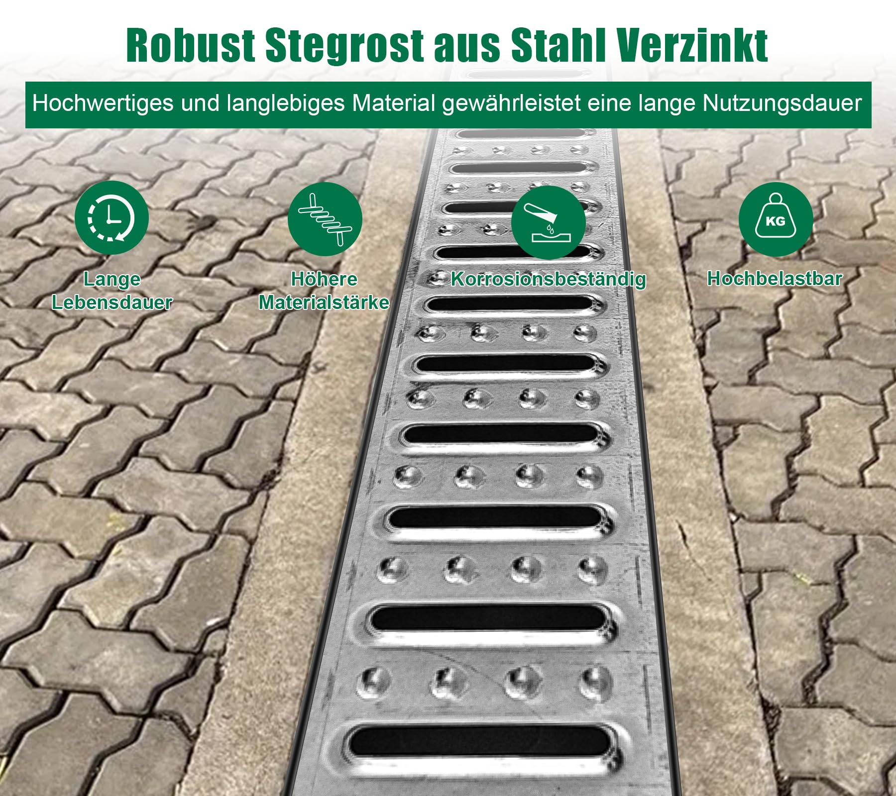 Caniveau extérieur PEHD 1000x155x140mm A15 Grille Acier galvanisé 1m pour allée Jardin Garage