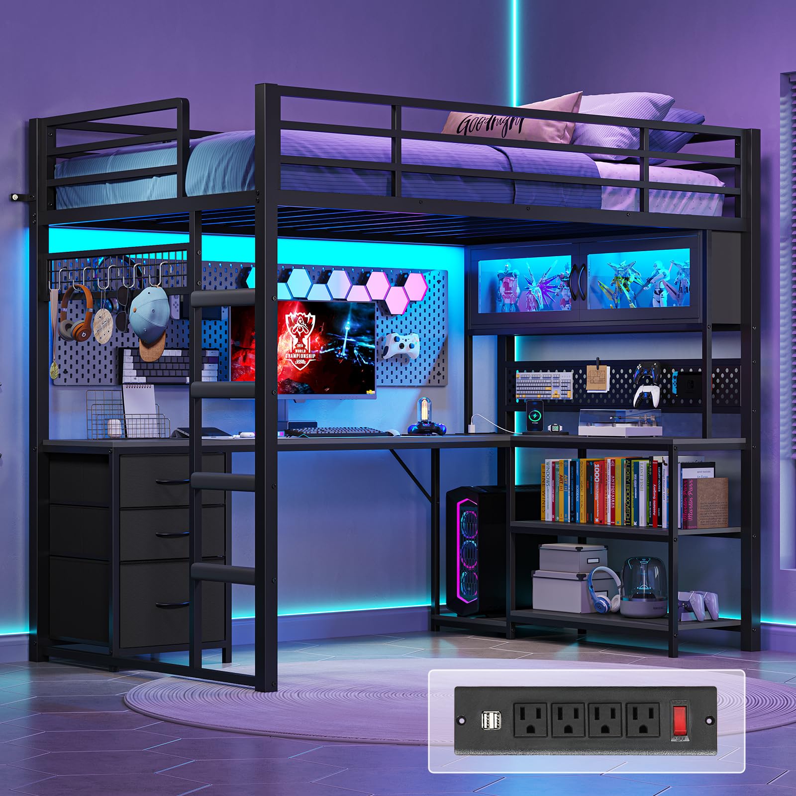 ADORNEVE Twin Size Loft Bed with L-Shaped Gaming Desk, Storage Drawers & Hutch, Expanded Safety Power Outlet, Metal Loft Bed Frame with RGB Lights,