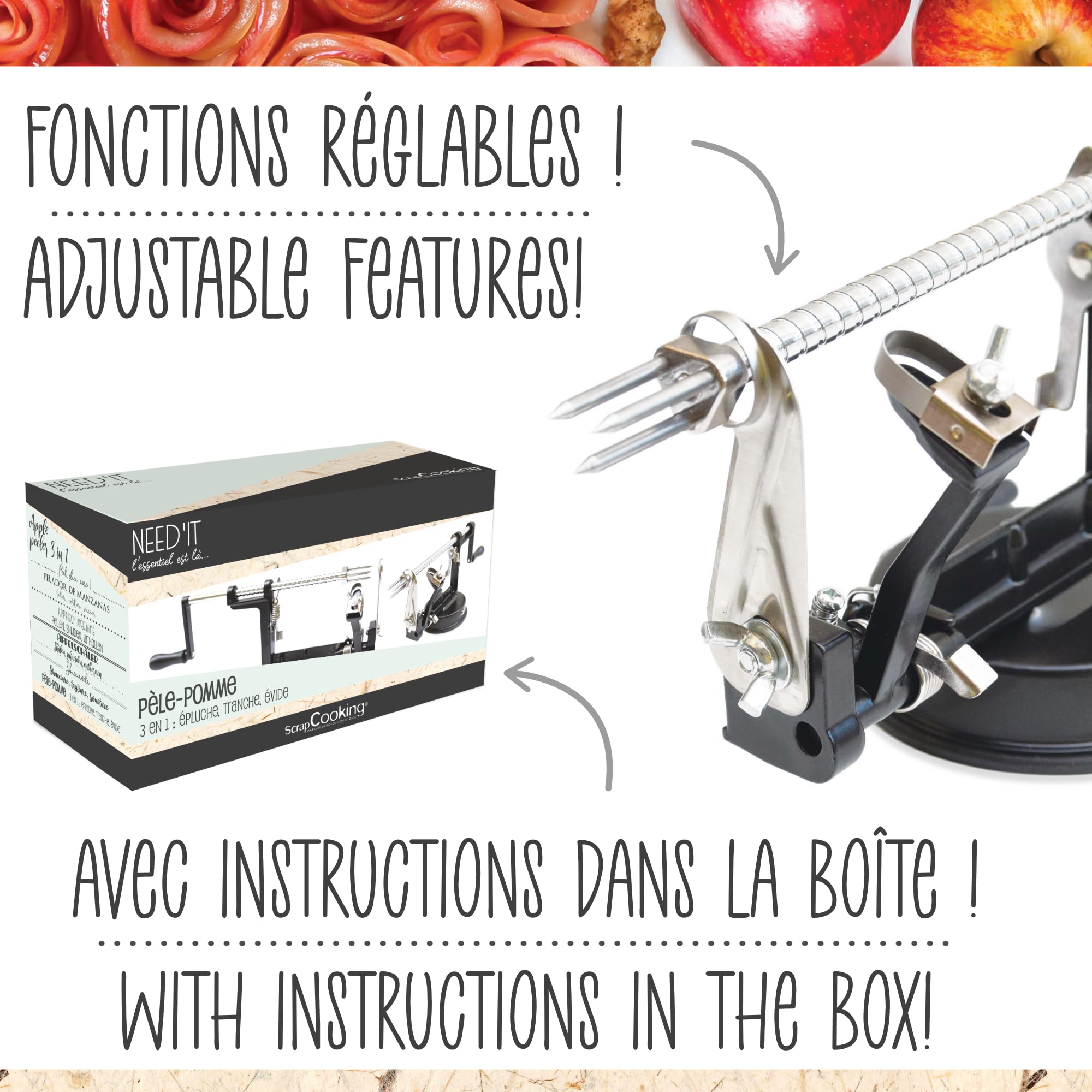 ScrapCooking - Pelador de Manzanas 3 en 1 Need’it - De Metal - Pelador, Cortador y Descorazonador de Calidad Profesional - Acero Inoxidable - Pastel Tartas - Negro - 5255