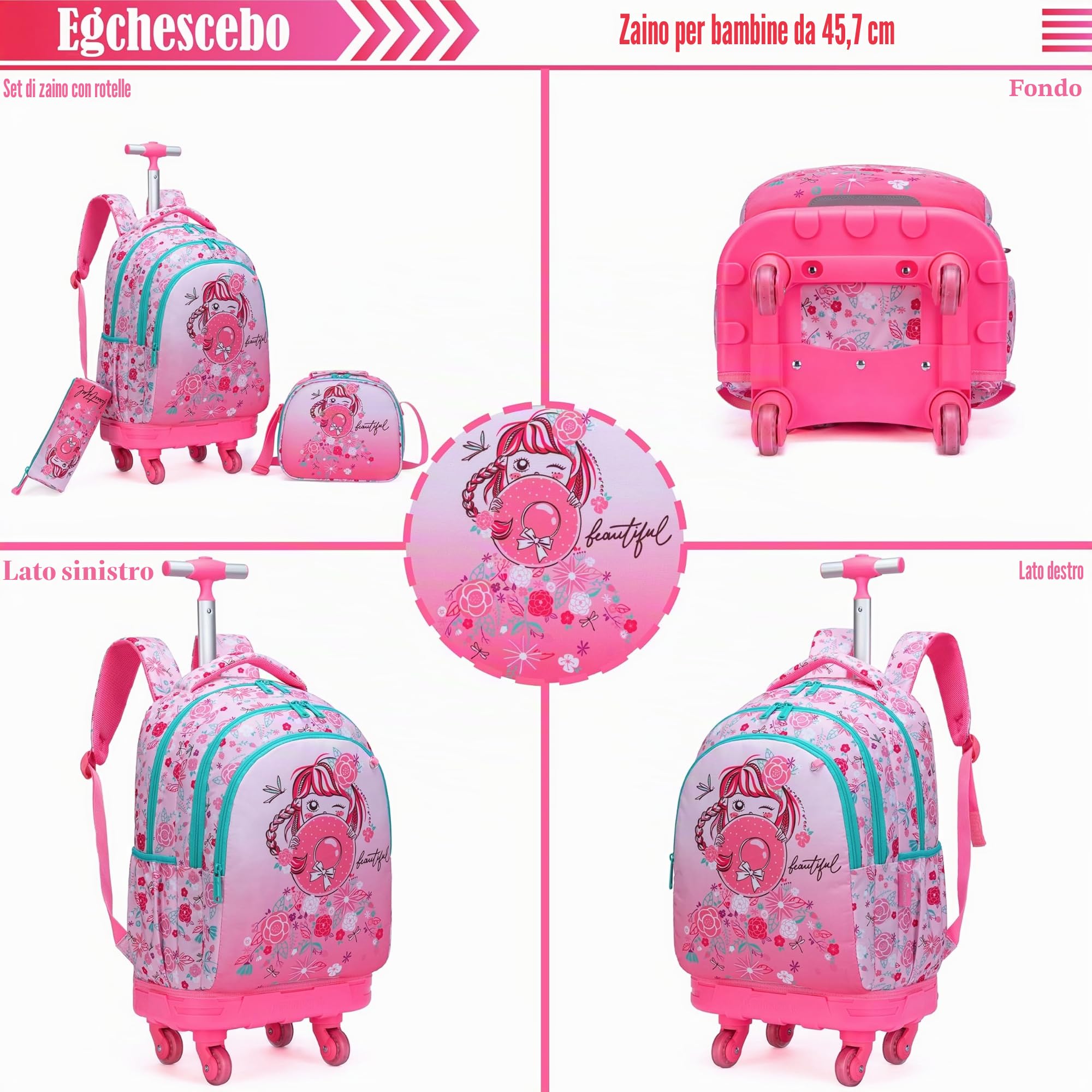 Set di 3 zaini con rotelle 45,7 cm per ragazze e ragazzi con borsa per il pranzo e astuccio, borse scolastiche, 18, Zaini da viaggio