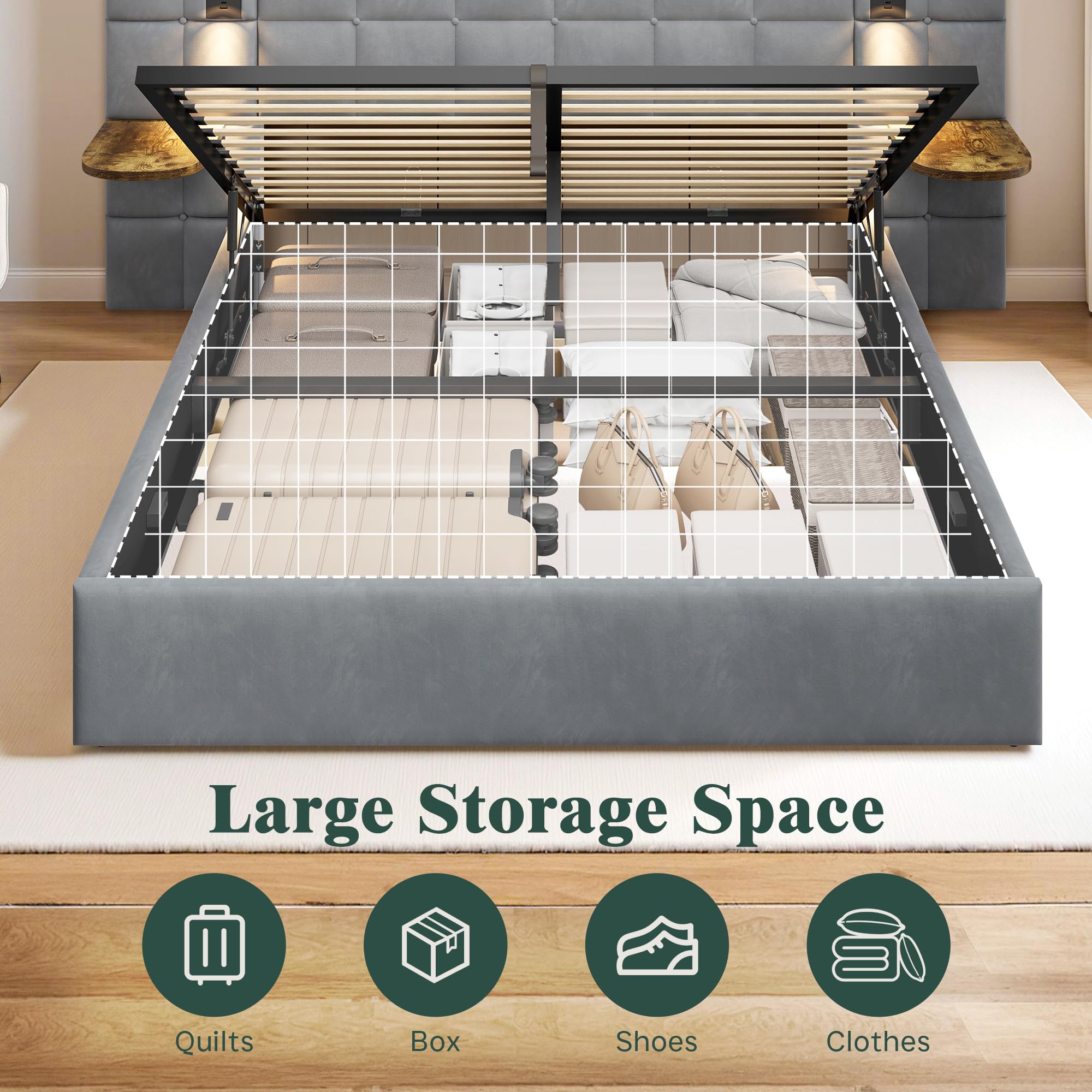 LUXOAK Polsterbett mit Stauraum, Leselampen, USB- & Typ-C-Anschlüssen, seitlichen Ablagen, Gasdruckfeder-Stauraum,Modernes Stoffbett, 140×200cm, Hellgrau